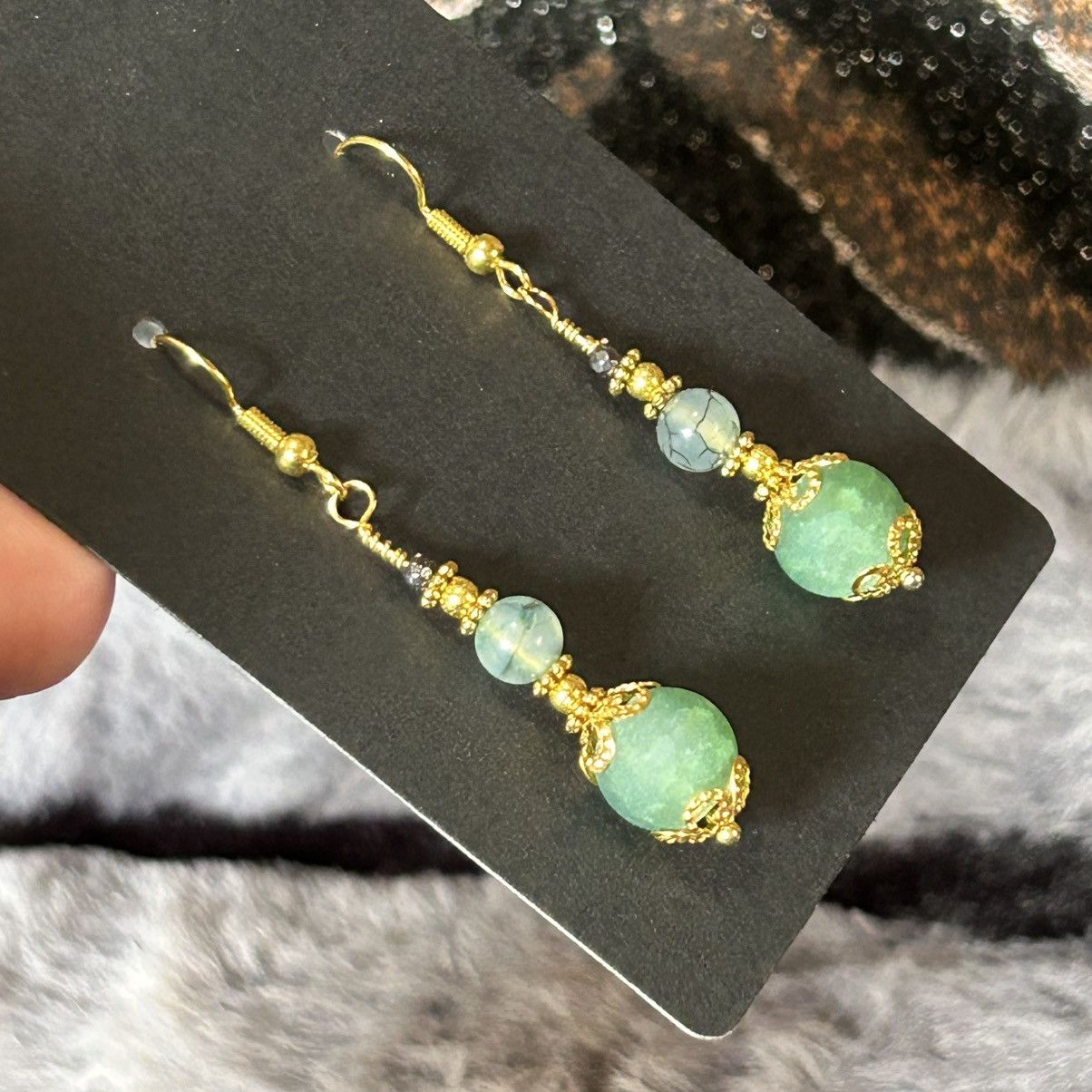 Handmade Handcrafted green crackle glass dragon vein agate earrings Size ONE SIZE - 5 Thumbnail