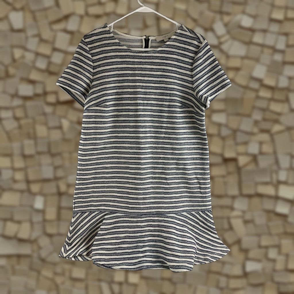 Ann Taylor Ann Taylor LOFT Dress Women's Size 12 Navy Blue Cream Short Sleeve Ruffle Stripe Dress Shirt Dress Womens Casual Party/Cocktail Travel Size 34" / US 12 / IT 48 - 1 Thumbnail