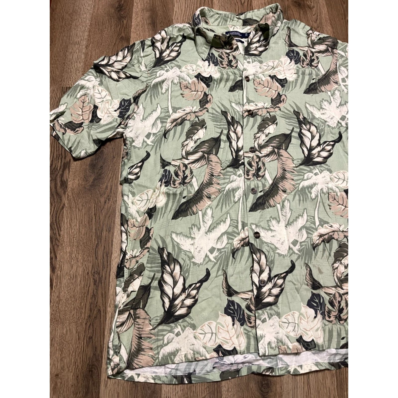 Vintage Consensus Button-Up Shirt, Men's Large Tall, Green Tan, Hawaiian, Casual Floral, Short Sleeve, Collared, Fall Spring Summer, Mens Size US L / EU 52-54 / 3 - 3 Thumbnail