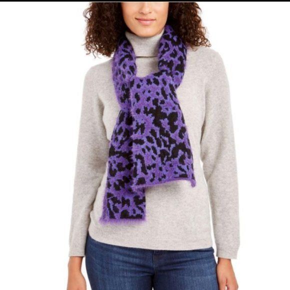 DKNY DKNY Fuzzy Animal Print Knit Scarf , Purple 12"x67" Size ONE SIZE - 1 Thumbnail