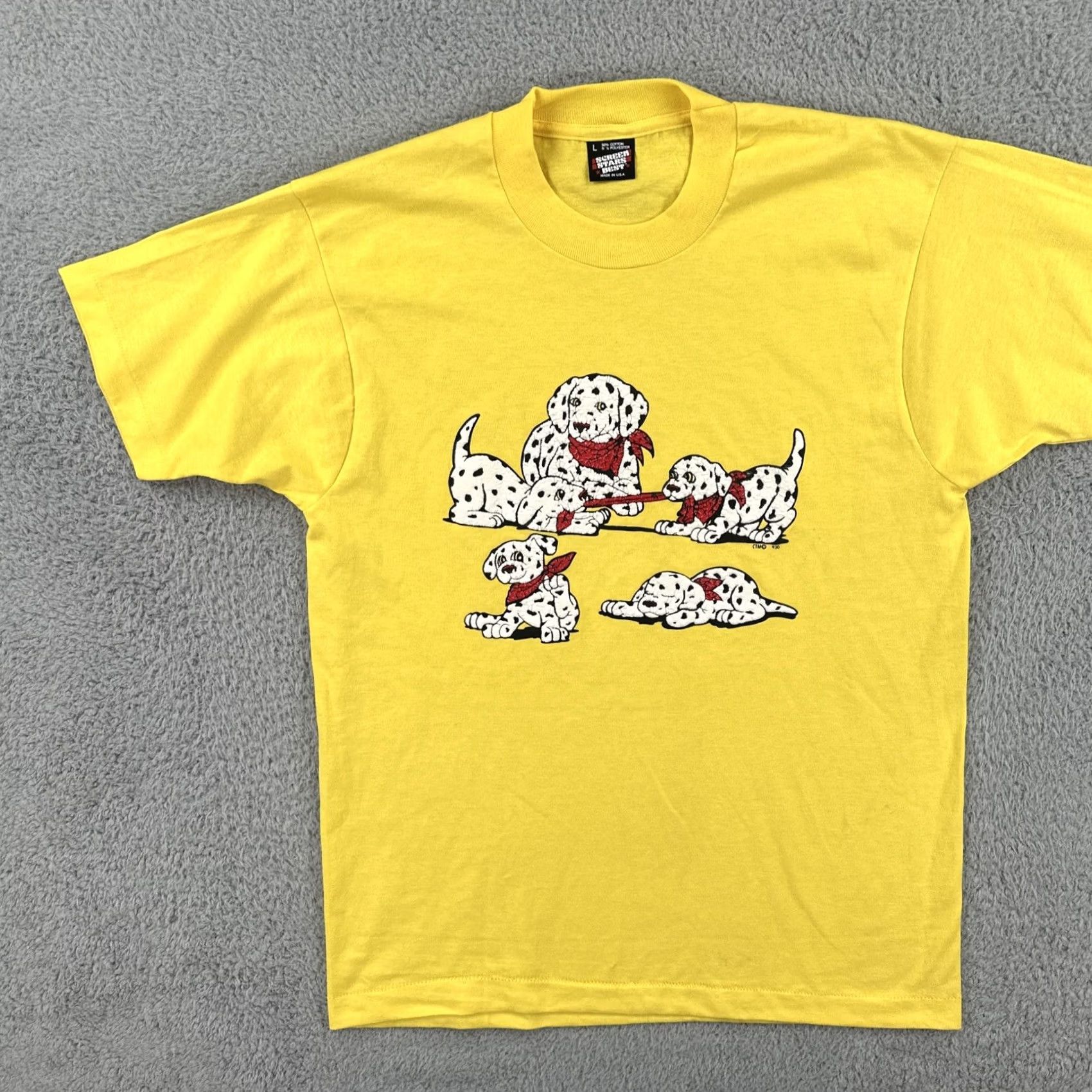Vintage Vtg Screen Stars Best T-Shirt Yellow Dalmatian Puffy Print USA Made Crew Neck L Short Sleeve Men’s Size L Size US L / EU 52-54 / 3 - 3 Thumbnail