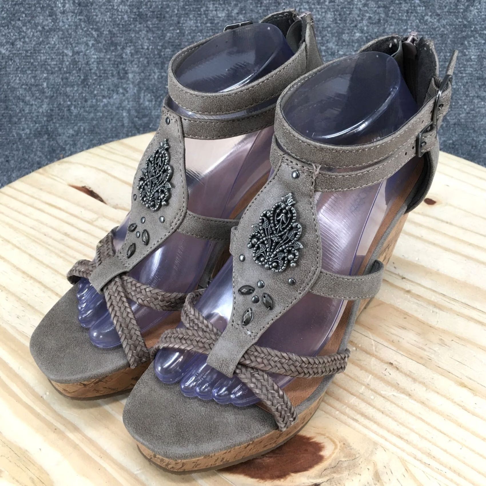 Vintage Maurices Sandal Womens 9M Gray Braided Strappy Open Toe Cork Platform Wedge Size US 9 / IT 39 - 6 Thumbnail