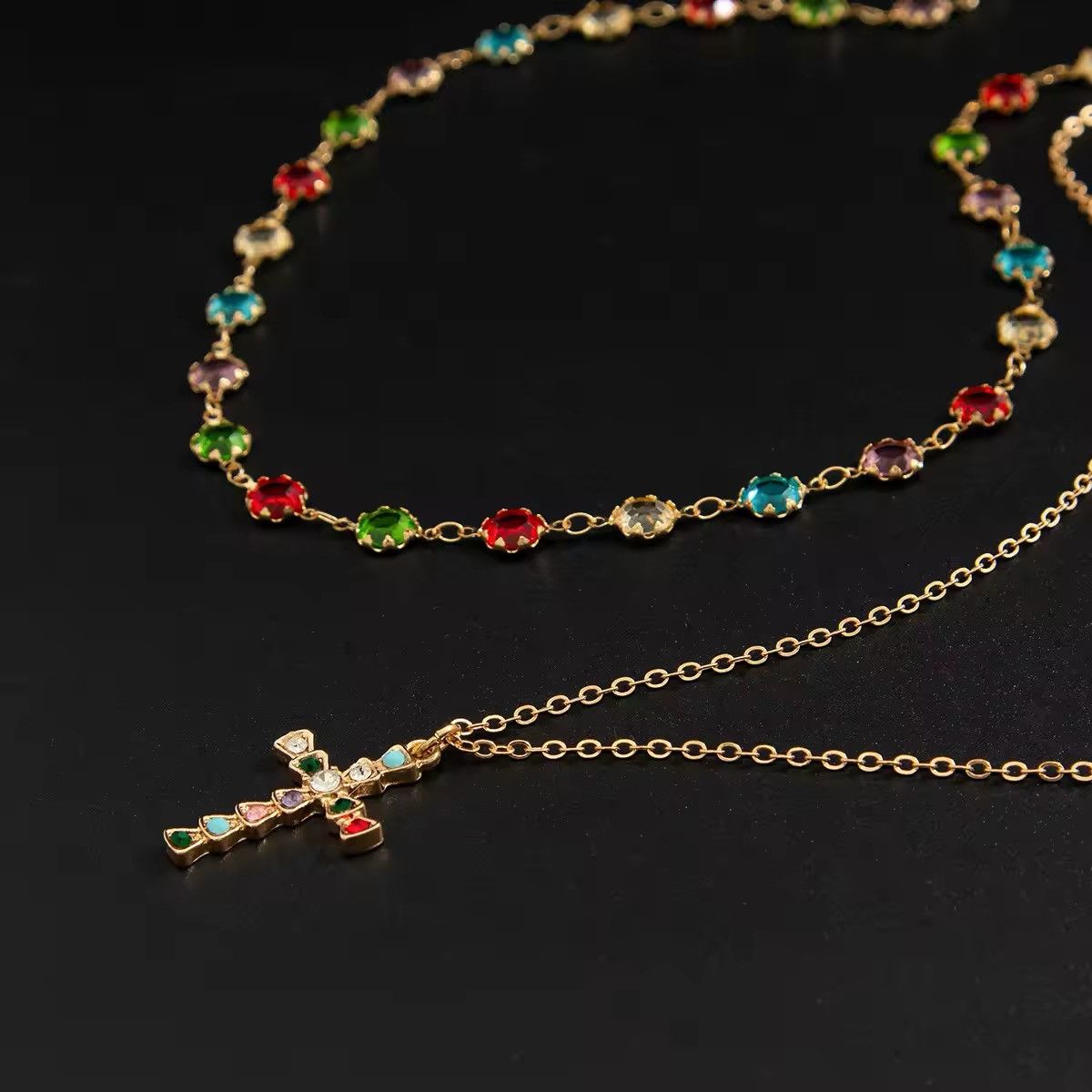 Jewelry 2Pcs Punk Zircon Cross Pendant Necklace Size ONE SIZE - 3 Thumbnail