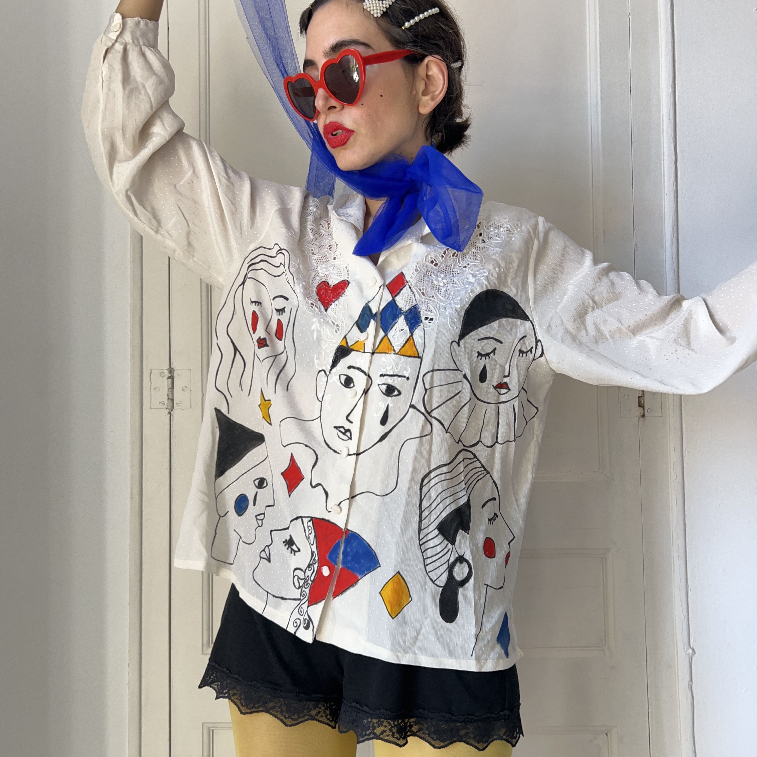 Custommade Hand Painted Vintage Harlequin Circus Blouse Size L / US 10 / IT 46 - 5 Thumbnail