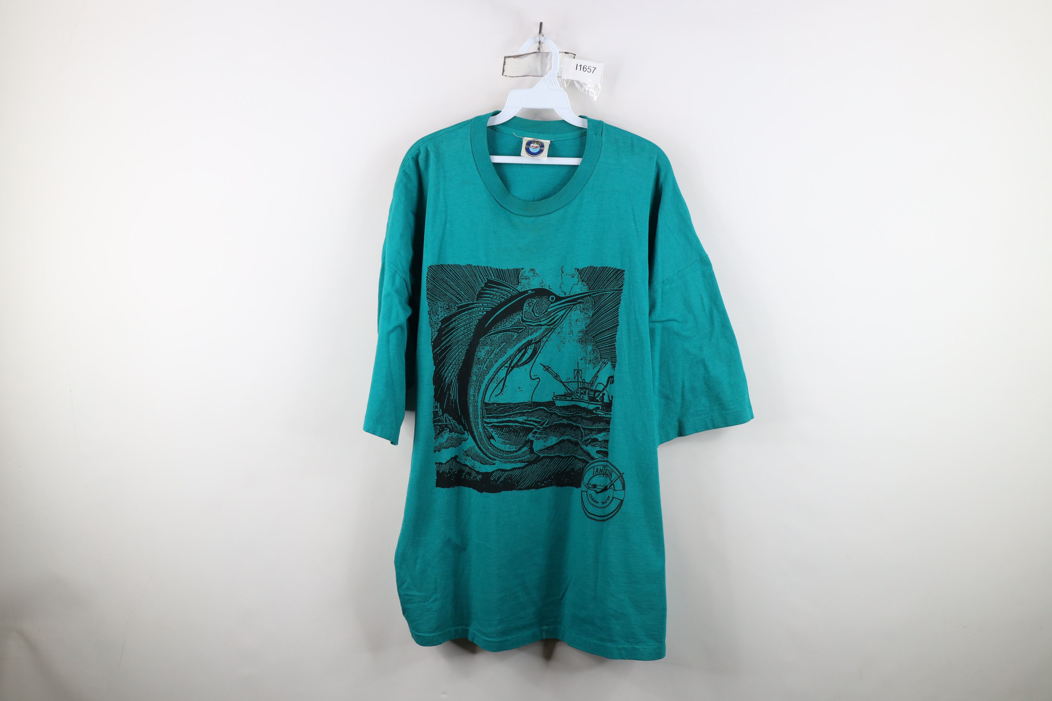 Vintage Vintage 90s Streetwear Fishing Short Sleeve T-Shirt Teal USA Size US XXL / EU 58 / 5 - 1 Thumbnail