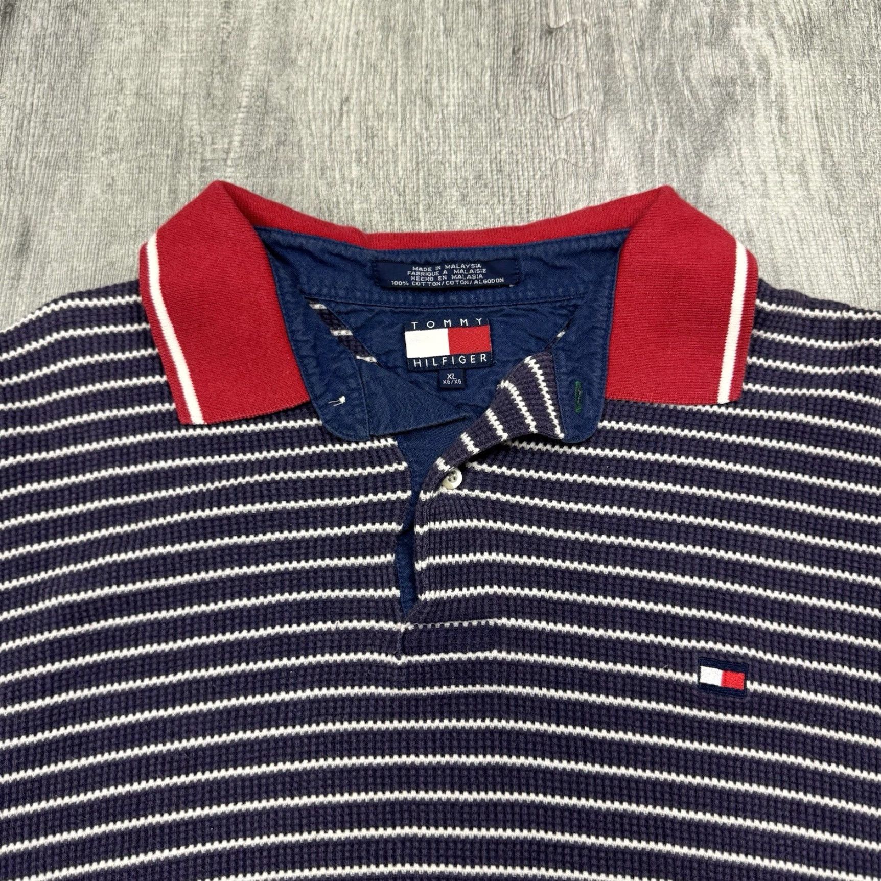 Tommy Hilfiger VINTAGE TOMMY HILFIGER POLO SHIRT MENS STRIPED RIBBED COTTON NAVY XL 90s HIPSTER PREPPY Size US XL / EU 56 / 4 - 2 Thumbnail