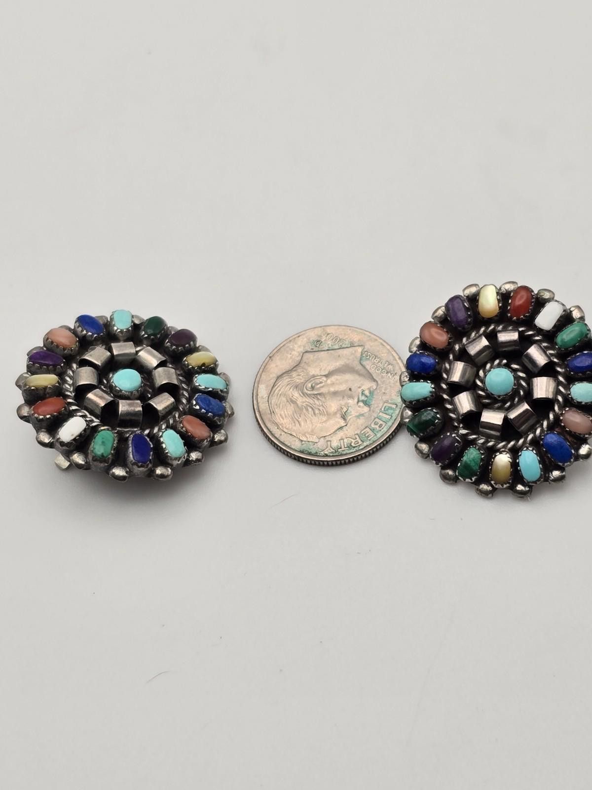 Sterling Silver Vintage Lorraine Waatsa Zuni Sterling Stone Cluster Earrings Size ONE SIZE - 8 Thumbnail