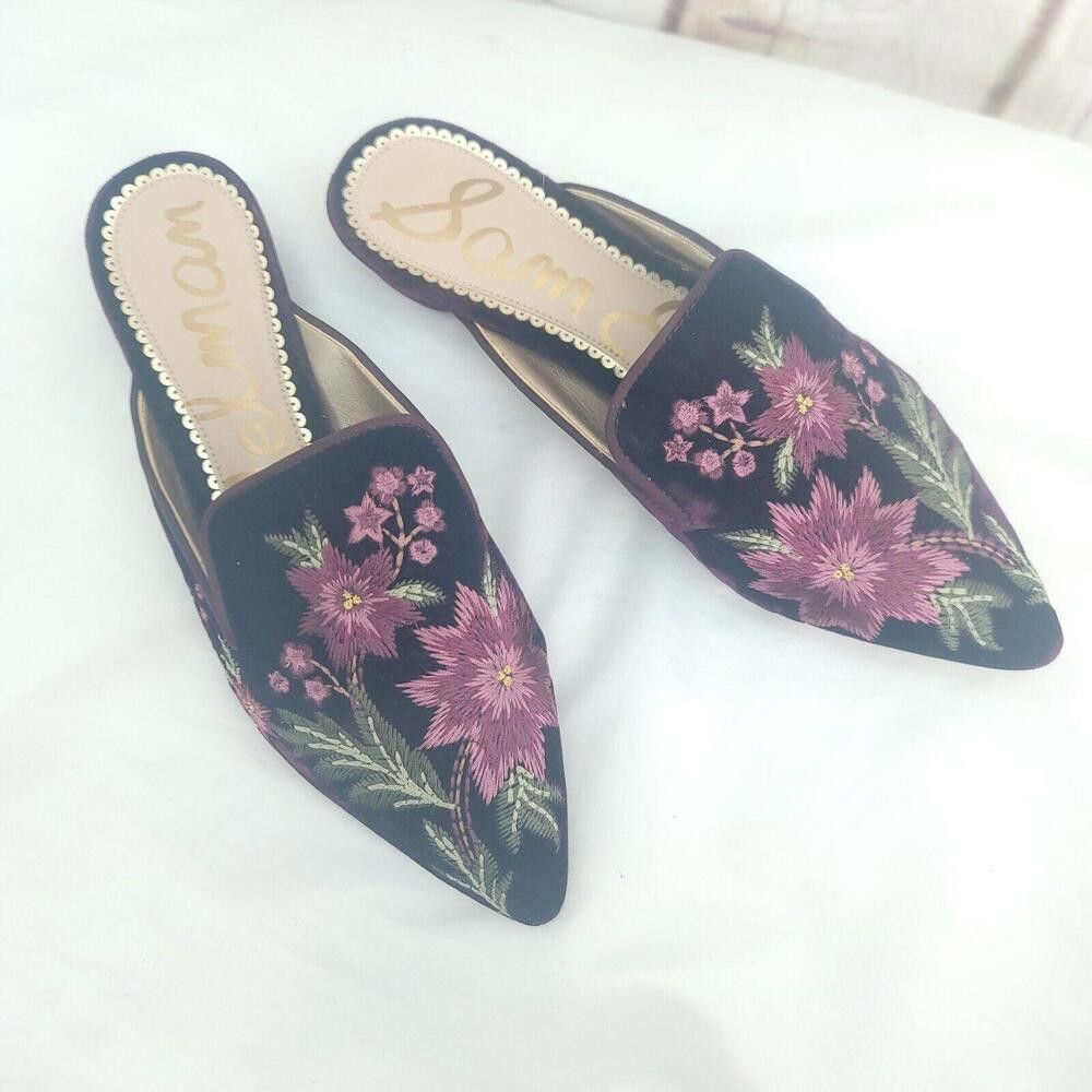 Designer Sam Edelman Black Pink Floral Bordeaux Velvet Size 7 Mules Size US 7 / IT 37 - 2 Thumbnail