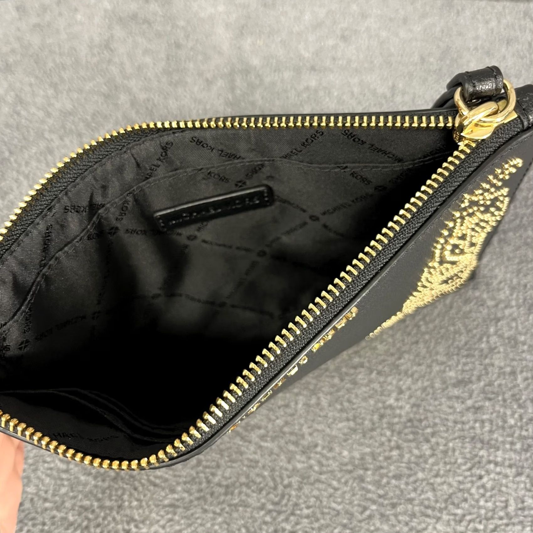 Michael Kors Michael Kors Wristlet Clutch Womens Floral Zip Pouch Bag Purse Black Gold Studded Leather MK Ava Clutch Womens Size ONE SIZE - 7 Thumbnail