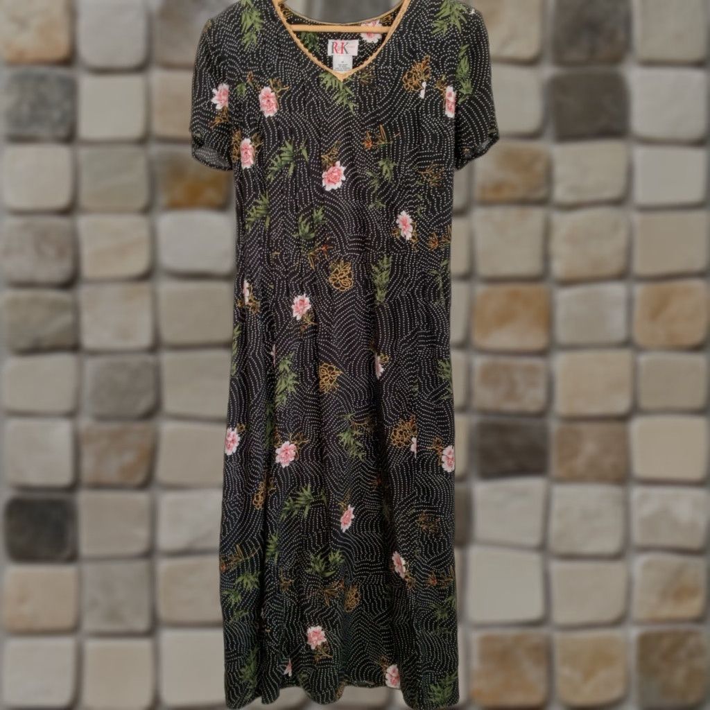 Vintage VINTAGE 1990s R&K Originals Maxi Dress Black Polka Dot Pink Floral Rayon Long Size L / US 10 / IT 46 - 1 Thumbnail