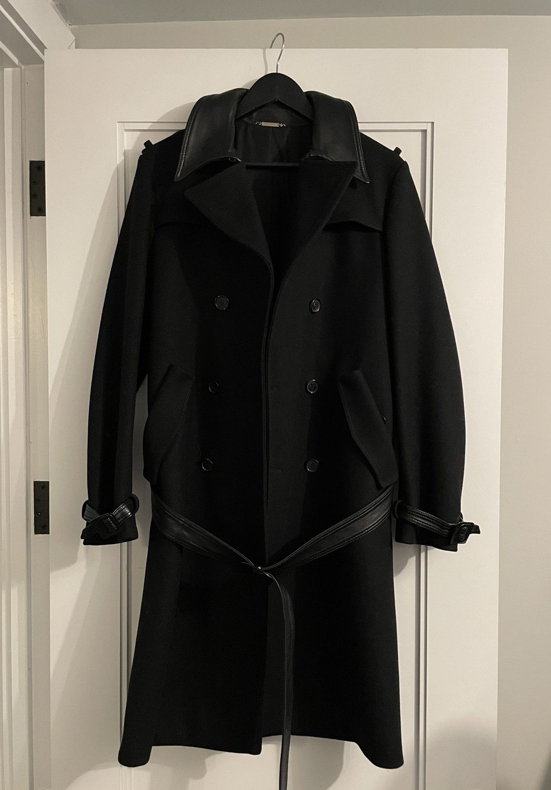 Dior Homme Aw04 Leather-trimmed Wool Trench Coat In Black