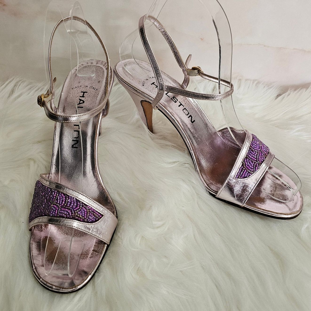 Halston EUC VTG HALSTON Lavander Beaded Metallic Heel Sandals 7.5 Size US 7.5 / IT 37.5 - 1 Thumbnail