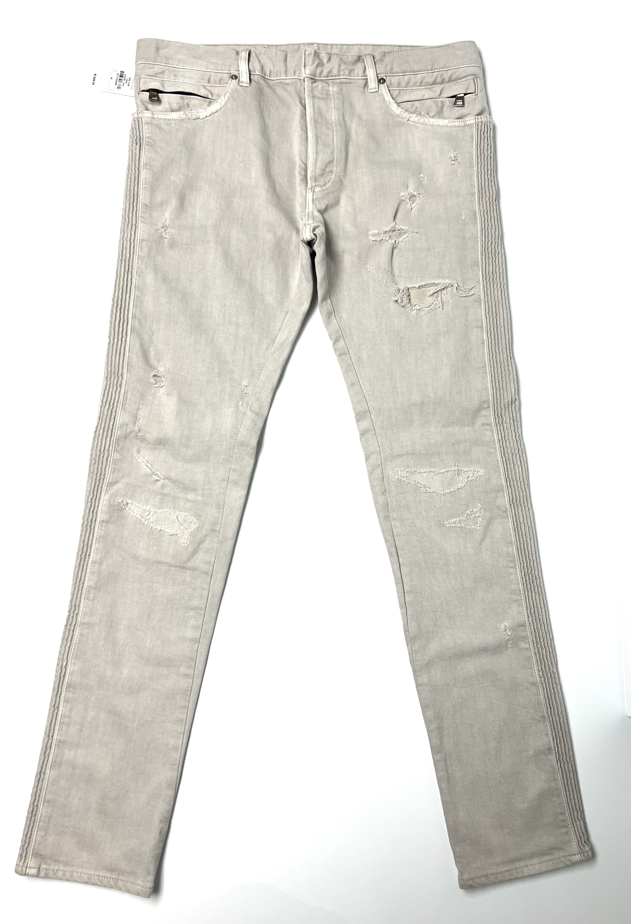 Balmain 1625$ NWT, BALMAIN LIGHT GREY DISTRESSED RIBBED DENIM JEANS Size US 34 / EU 50 - 1 Thumbnail