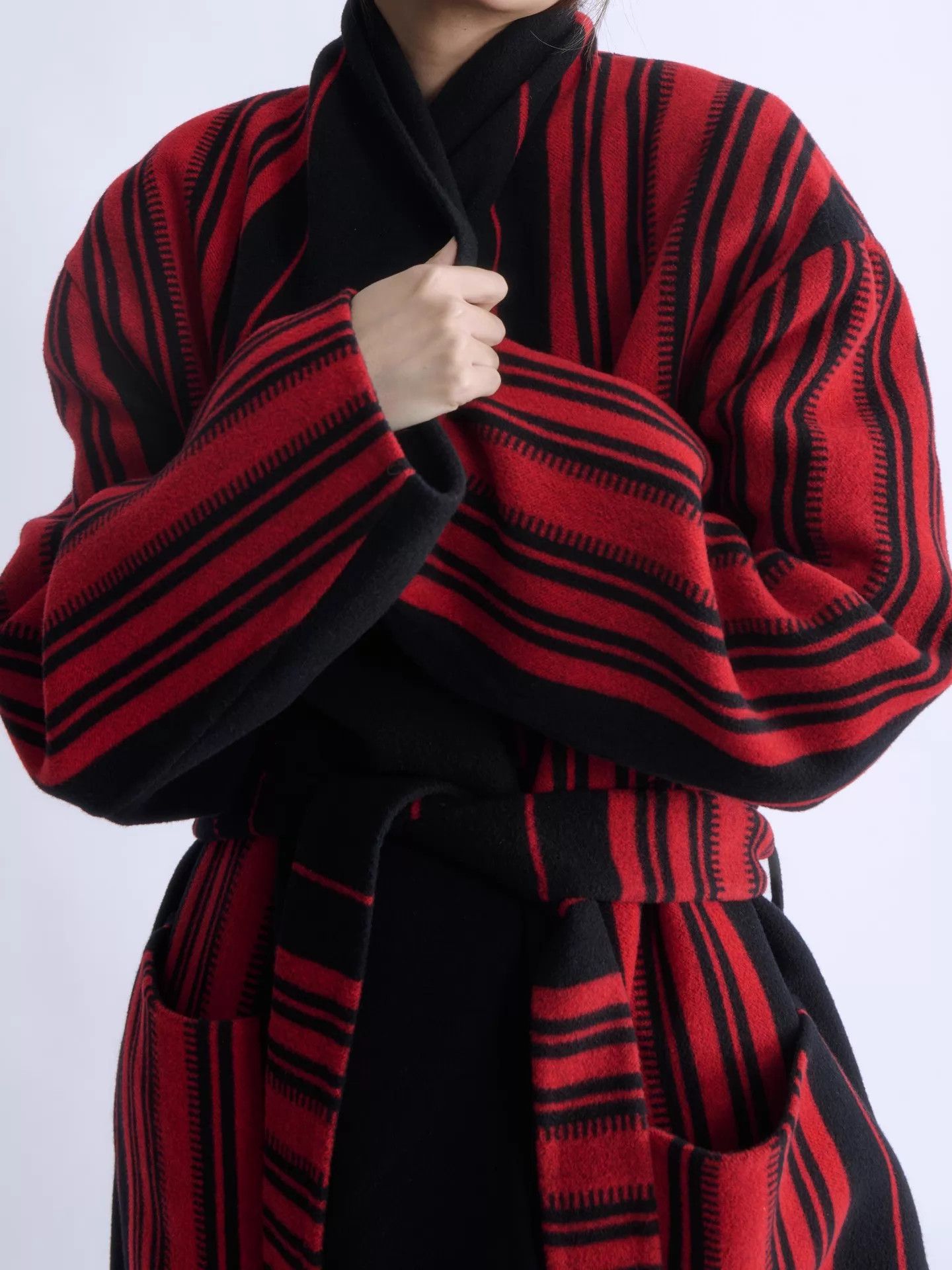 Loewe LOEWE Men’s Red Black Stripe Wool-Cashmere Belted Jacket Size US M / EU 48-50 / 2 - 6 Thumbnail