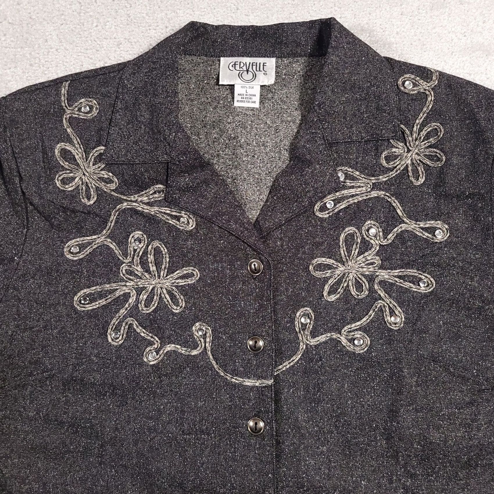 Vintage VINTAGE Cervelle Button Up Shirt 100% Silk Womens L Gray Embroidered Shoulder Pads Shirts メンズ? Size L / US 10 / IT 46 - 3 Thumbnail