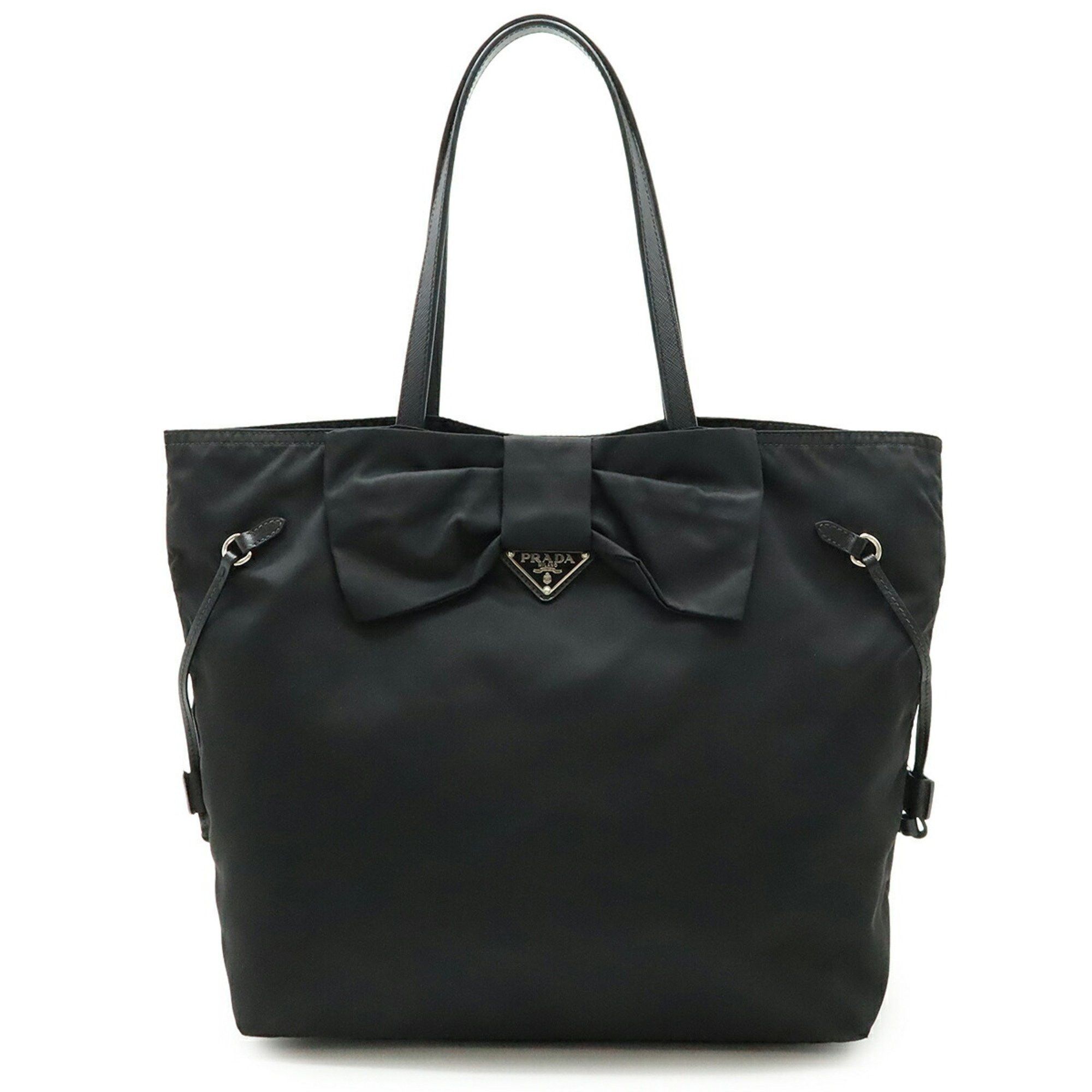 Prada Ribbon Motif Tote Bag Shoulder Nylon Saffiano Leather Nero Black, Women's