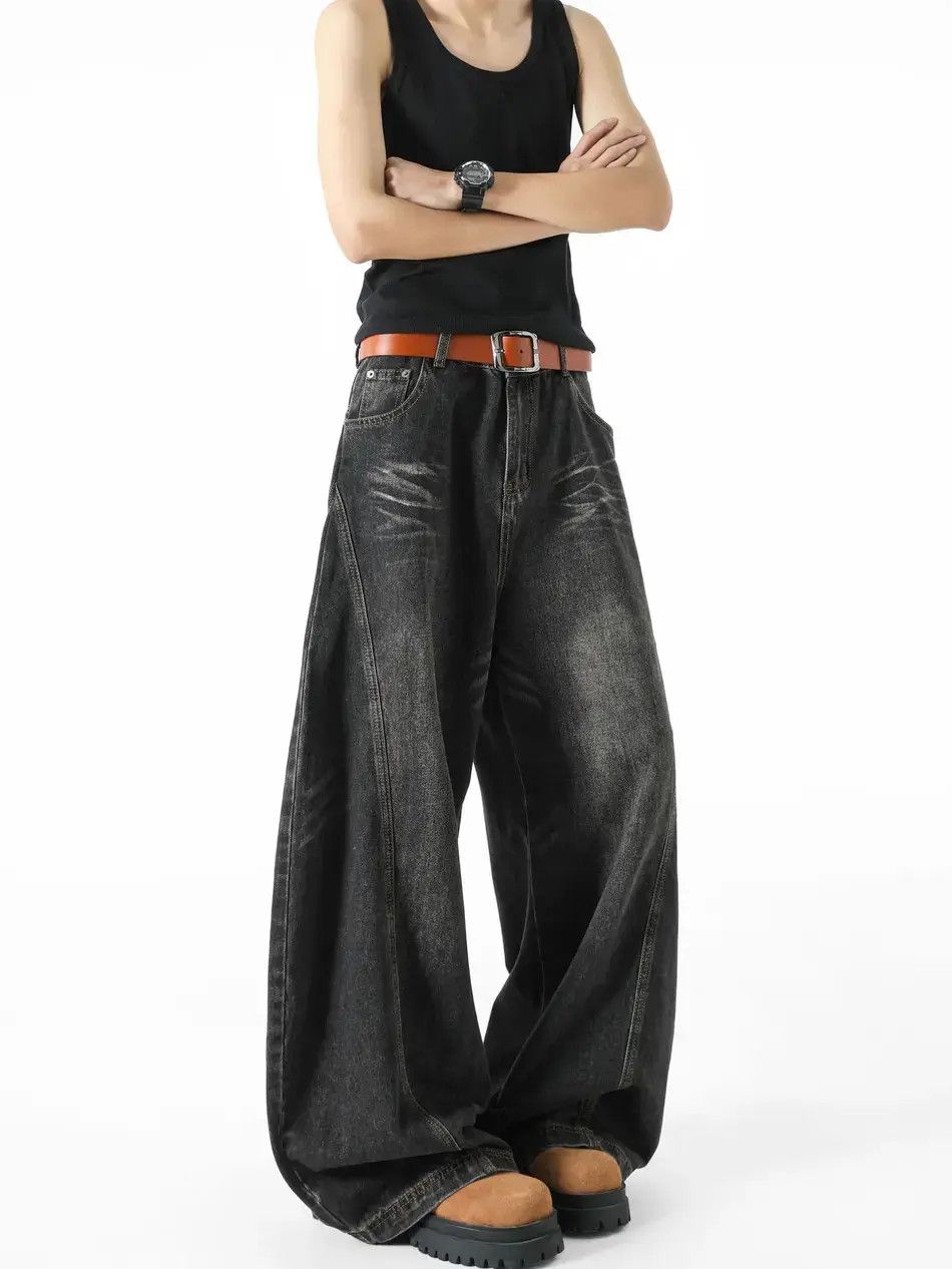 Japanese Brand Retro loose cat whisker wide leg patchwork jeans Size US 32 / EU 48 - 3 Thumbnail