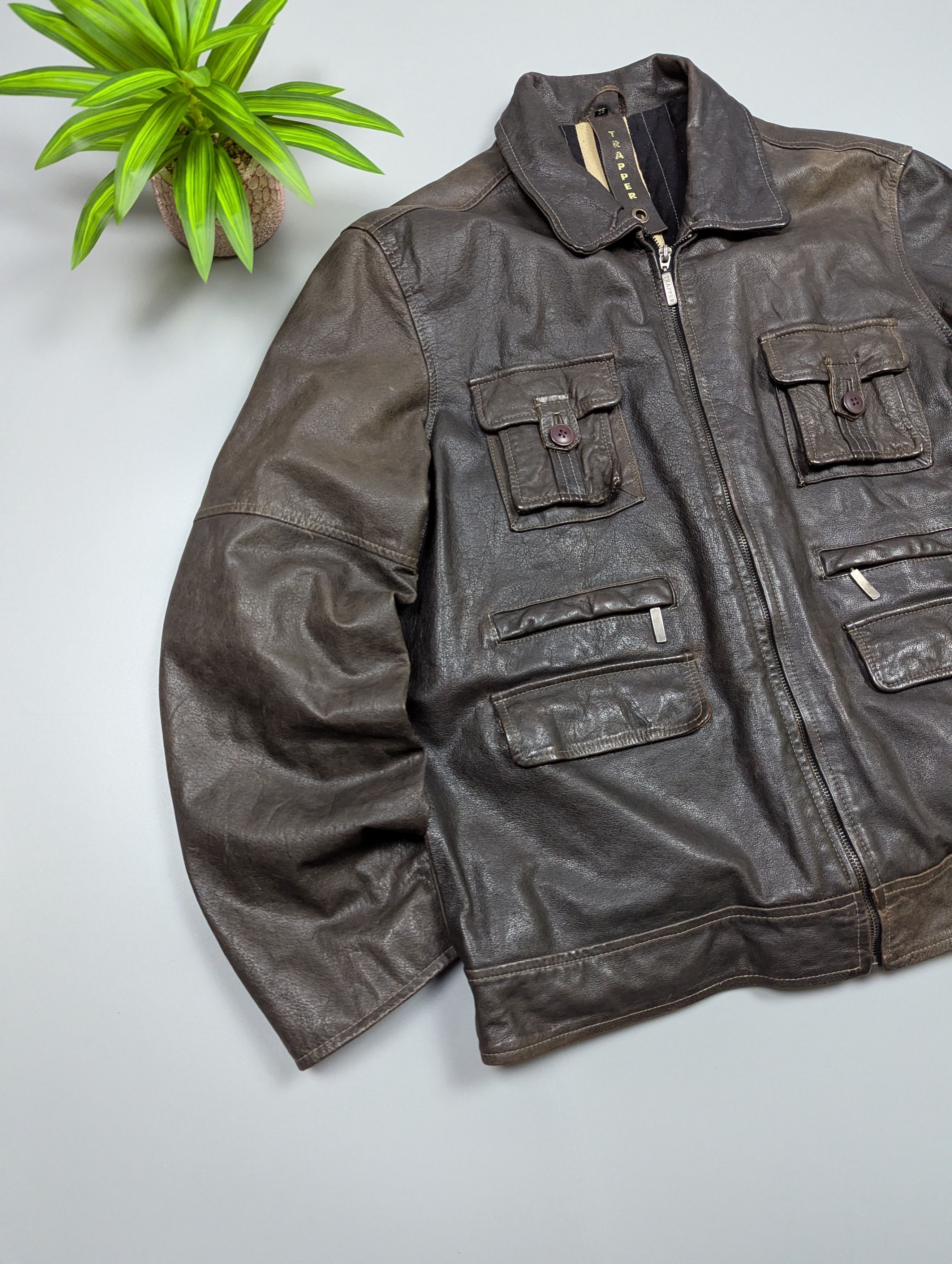 Vintage TRAPPER Mens Brown Multi-Pocket Leather Vintage Biker Jacket Size US XL / EU 56 / 4 - 2 Thumbnail