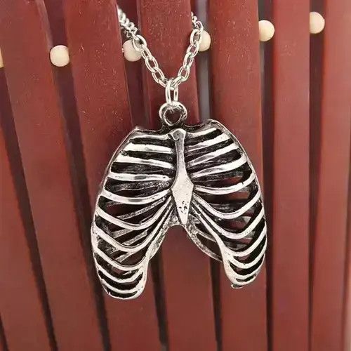 Jewelry Antique Skeleton Ribs Rib Cage Goth Necklace Emo Skull in Silver, Men's