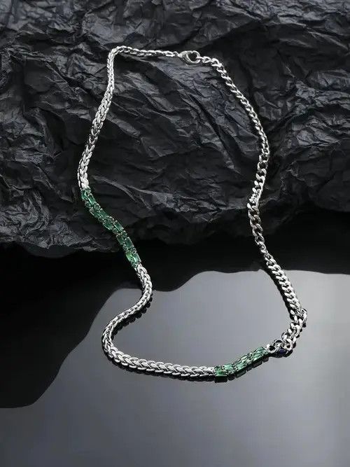 Jewelry Green Stone Chrome Chain Silver Goth God Vibe Necklace Size ONE SIZE - 3 Thumbnail
