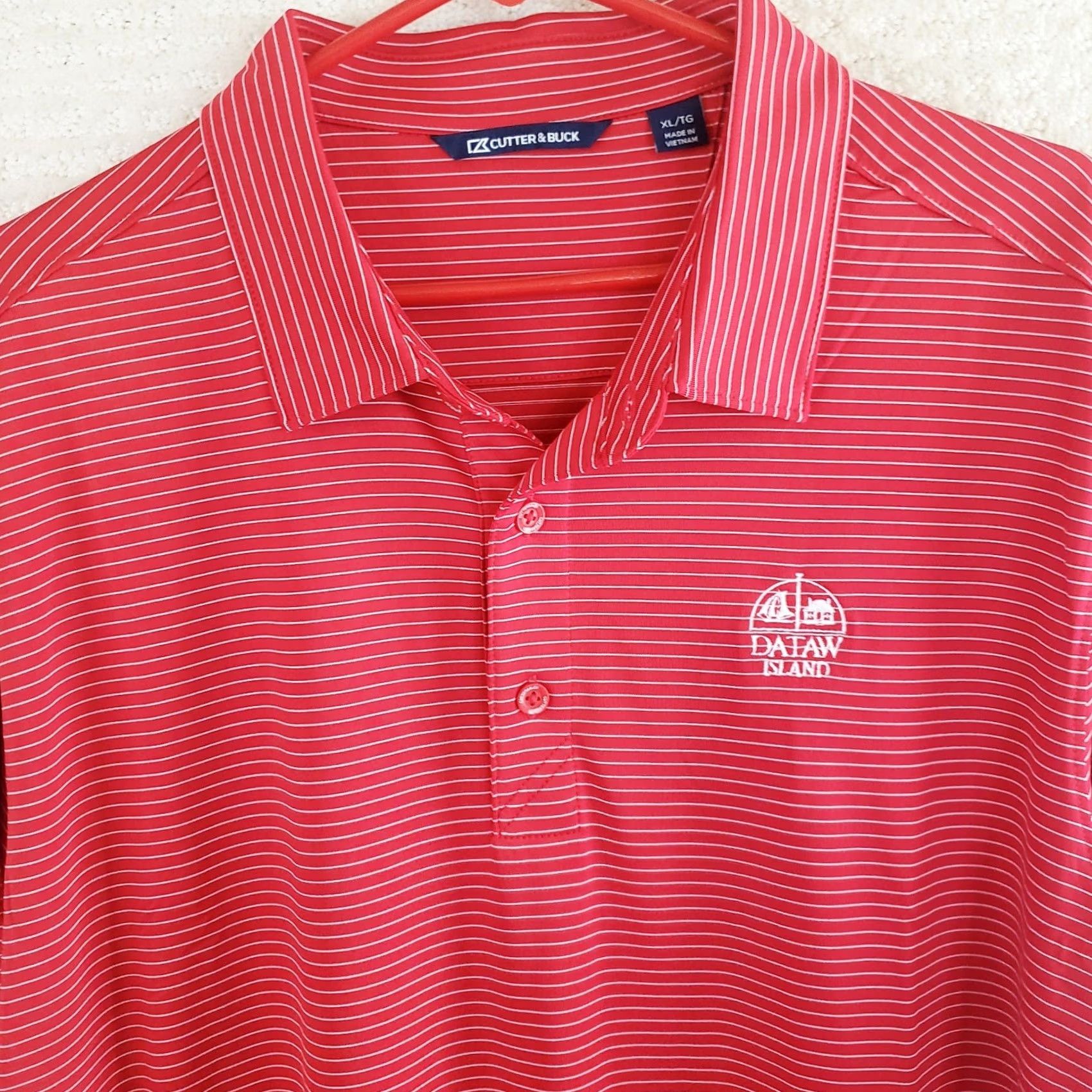 Vintage Cutter and Buck Polo Shirt Men XL Red Striped Short Sleeve Logo Flag Dataw Isl Shirt Size US XL / EU 56 / 4 - 3 Thumbnail