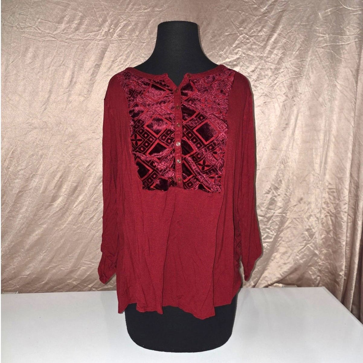 Lucky Brand Lucky Brand Merlot Velvet Bib Henley Long Sleeve Top - 2X Size XXL / US 16-18 / IT 52-54 - 1 Thumbnail