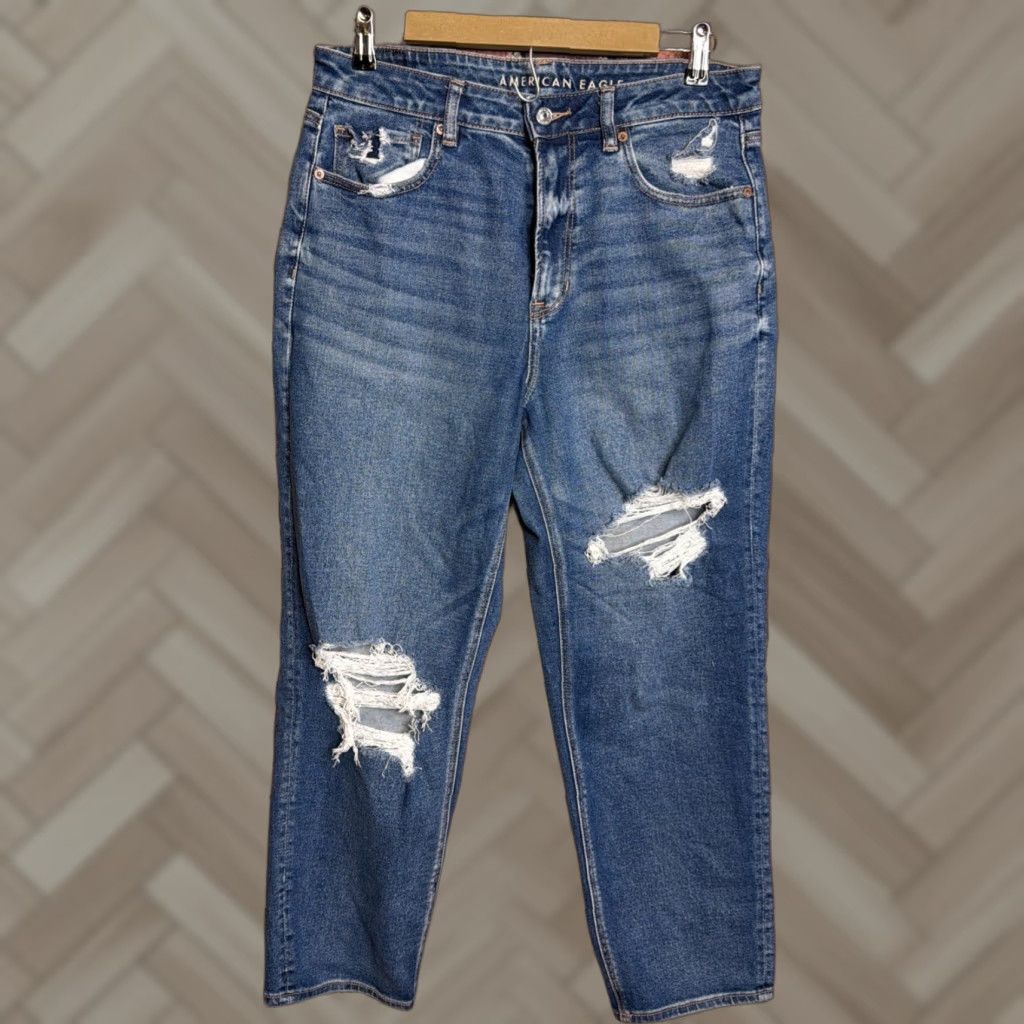 American Eagle Outfitters American Eagle Jeans Womens 12 Blue Mom Straight Leg Stretch Distressed Denim Size 34" / US 12 / IT 48 - 1 Thumbnail