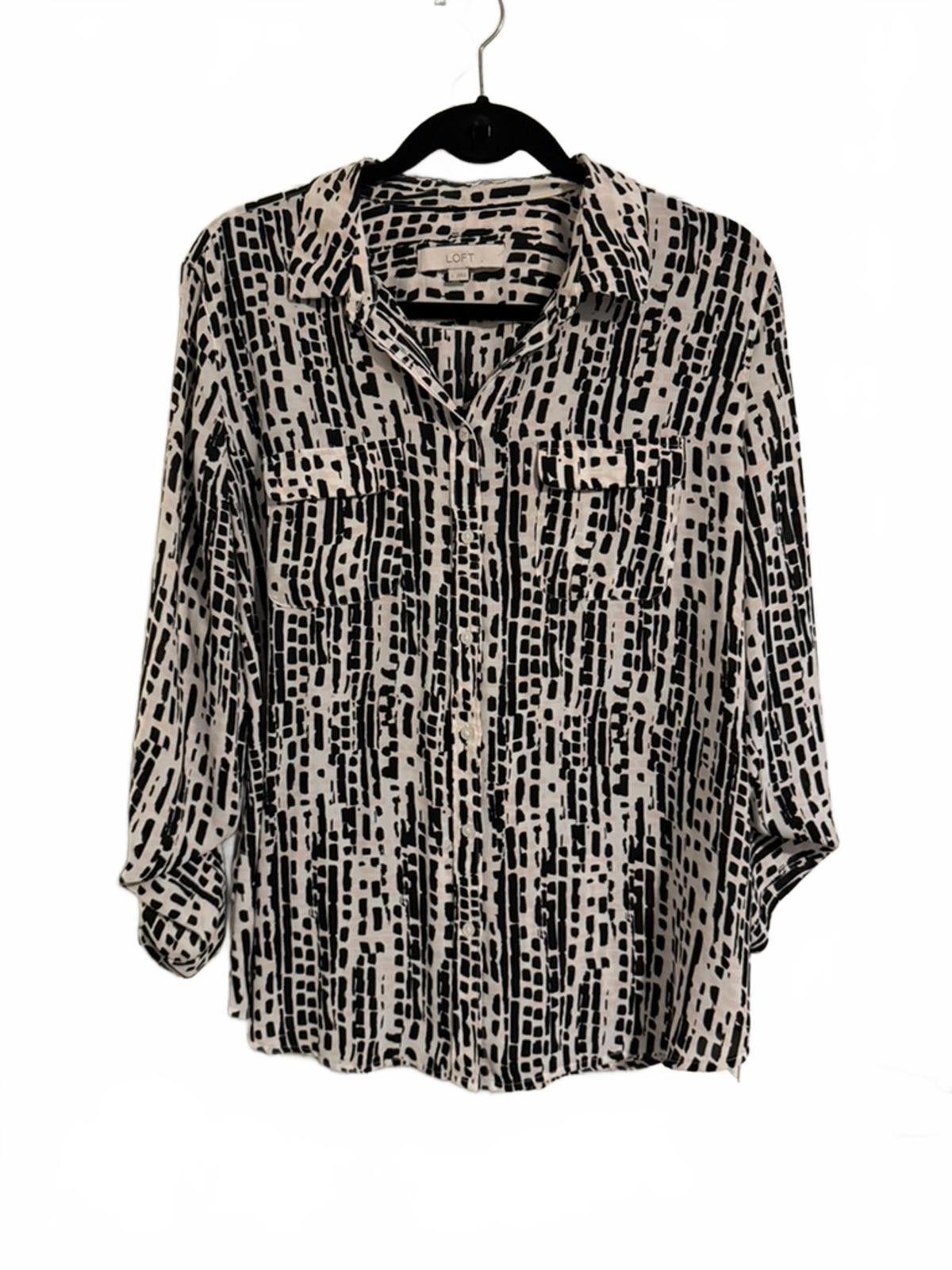 Other Ann Taylor LOFT Black and White Patterned Long Sleeve Blouse Size L / US 10 / IT 46 - 3 Thumbnail