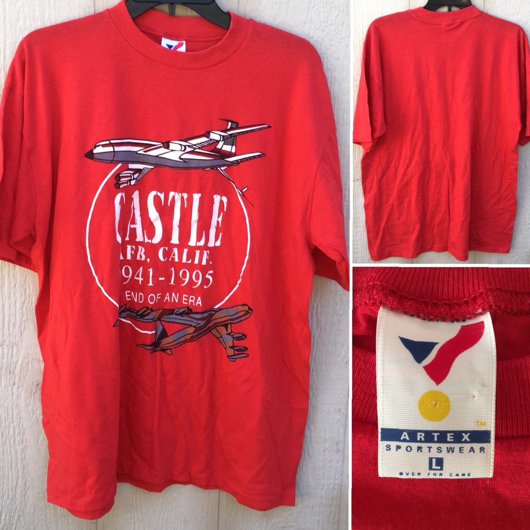 Vintage Vintage Air Force Base Tee L Mens 1990s Red Polycotton Graphic T-Shirt Castle AFB Calif 1941-1995 End Of An Era Size US L / EU 52-54 / 3 - 2 Thumbnail