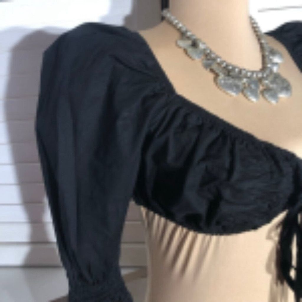Vintage Boho Cropped Top Tie Front Ruched Puff Long Sleeve Black L Size L / US 10 / IT 46 - 6 Thumbnail