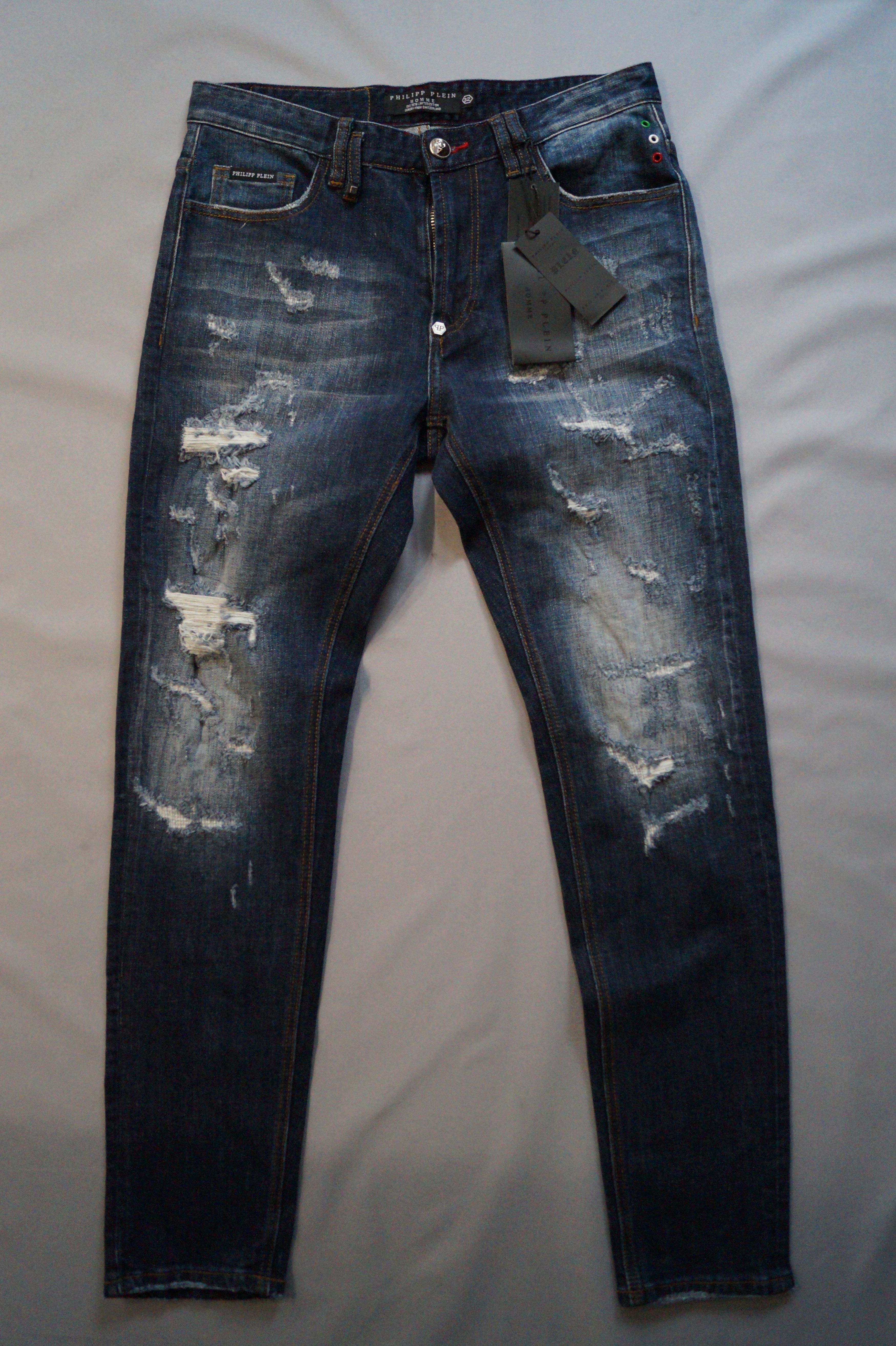 image of Philipp Plein Straigth Supreme Skull Raw Jeans 32 Size in Navy Blue, Men's