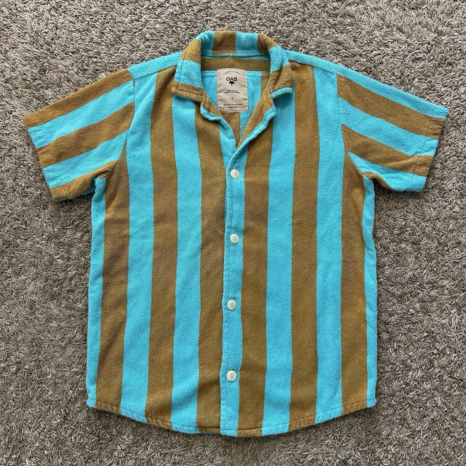 OAS Terry Cloth Striped Camp Collar Short Sleeve Button Up Shirt Size US S / EU 44-46 / 1 - 1 Thumbnail