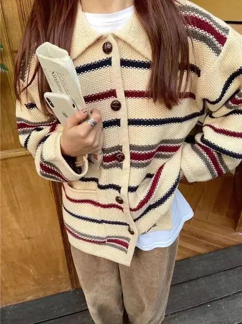 Japanese Brand Zoki Women Design Striped Cardigan Coat High Size ONE SIZE - 7 Thumbnail