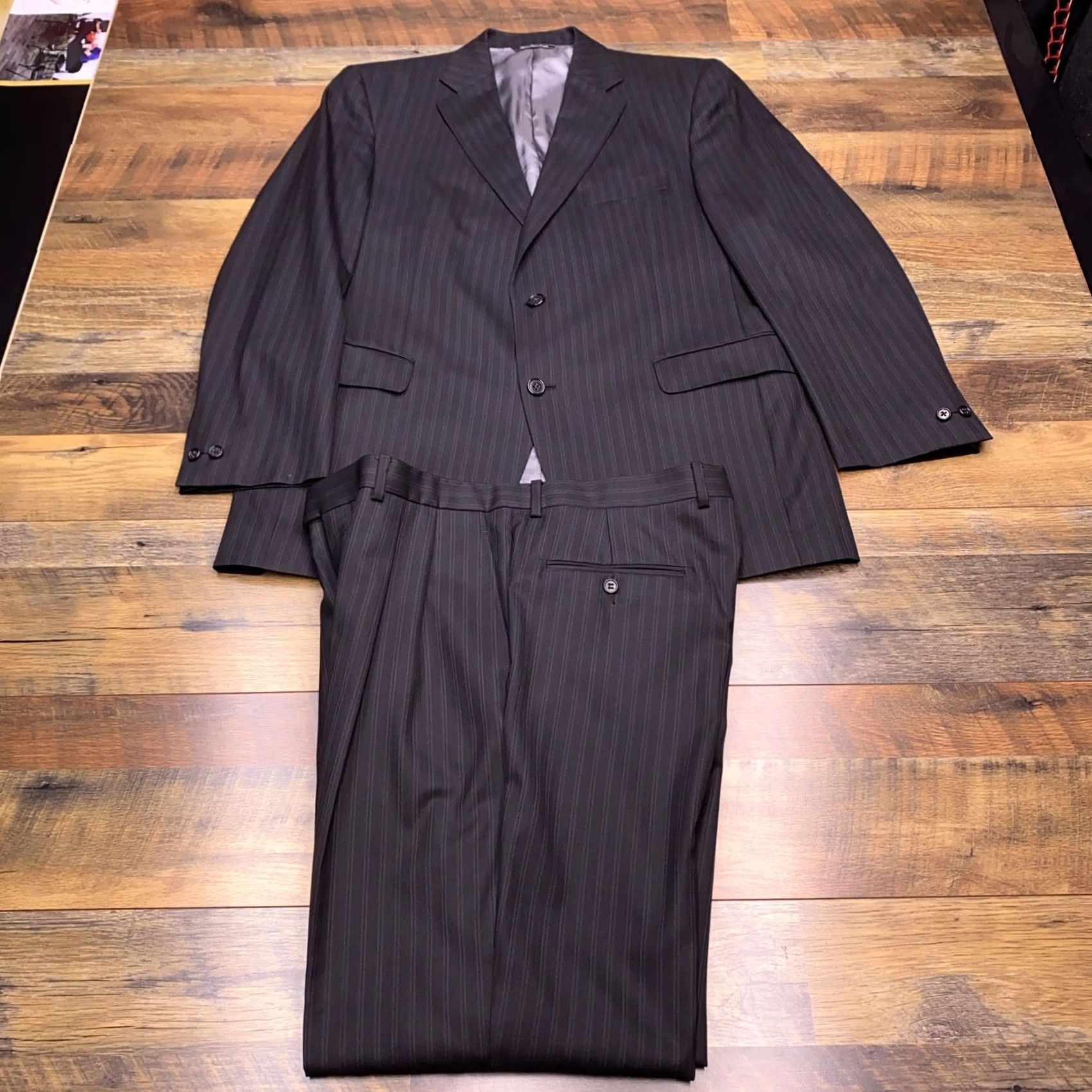 Jack Victor Jack Victor 2 Piece Suit Black Striped Pants 36x29 Cuffed Canada Wool 110 Super 2 Piece Mens Regular Formal Wedding Size 42R - 2 Thumbnail