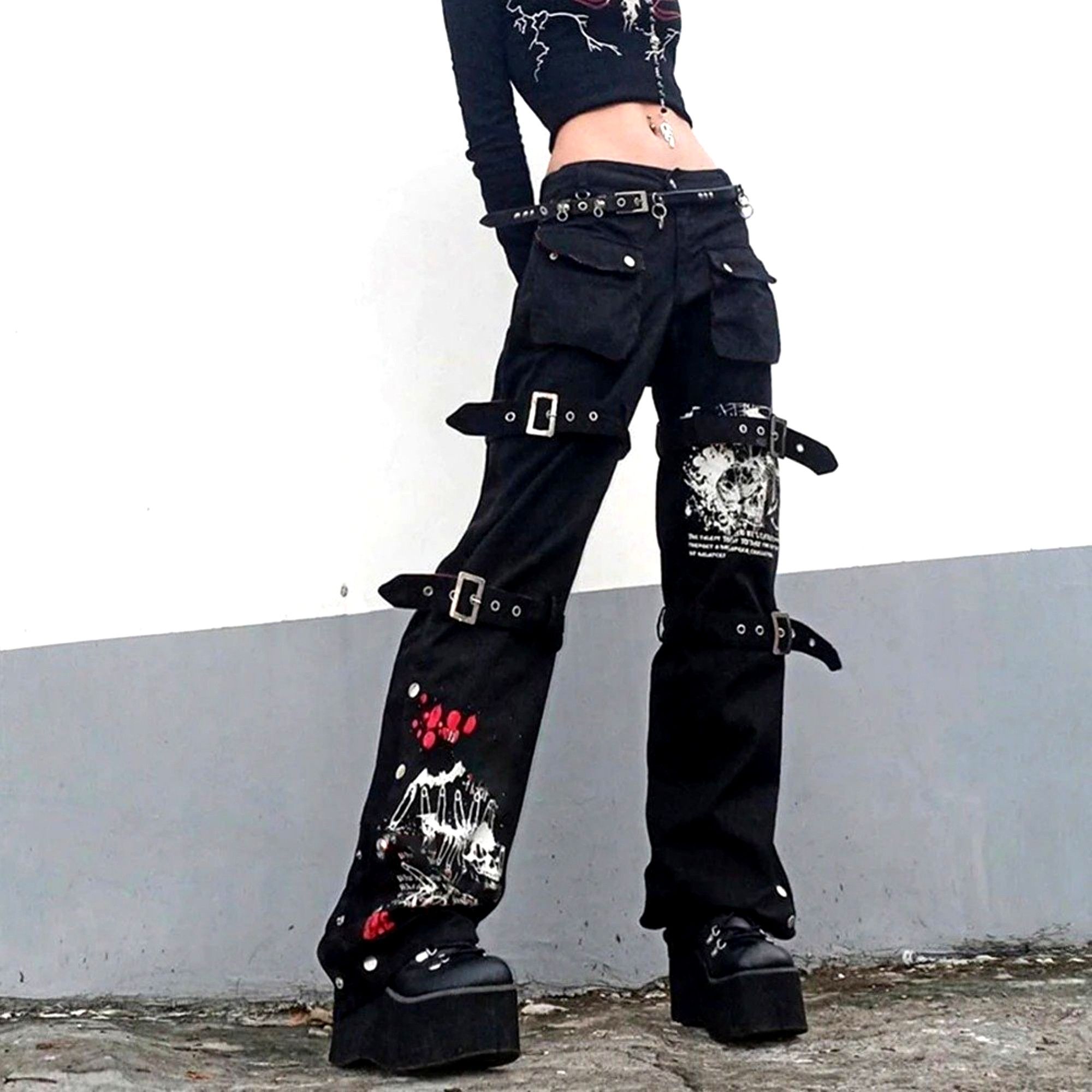 Designer × Japanese Brand × Vintage Punk Goth Floral Straps Pockets Side Fly Slit Cargo Trousers Size 27" / US 4 / IT 40 - 1 Thumbnail