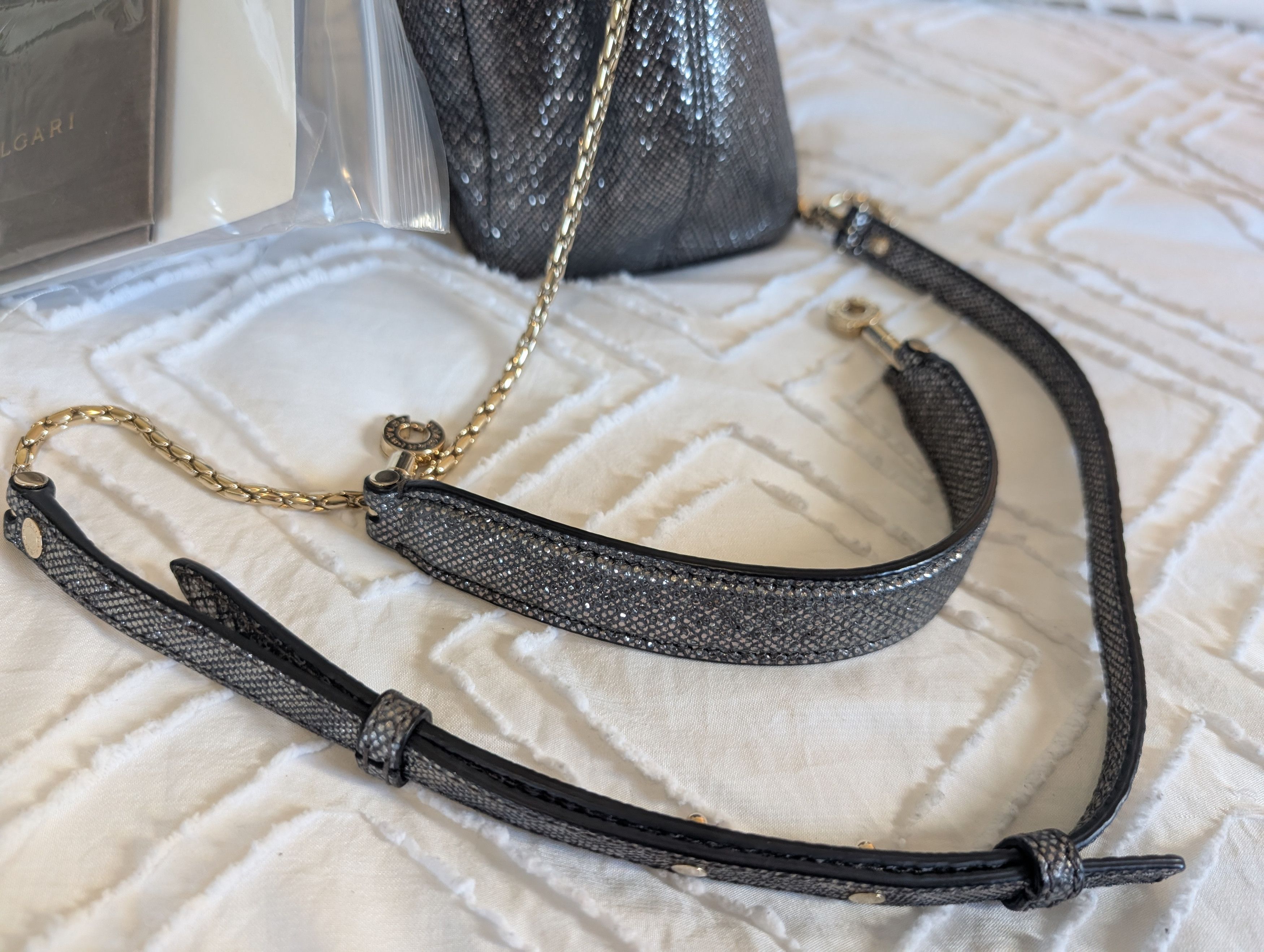 Bvlgari Bvlgari Silver Bucket Drawstring Bag Gold Chain Strap Tassel Size ONE SIZE - 8 Thumbnail