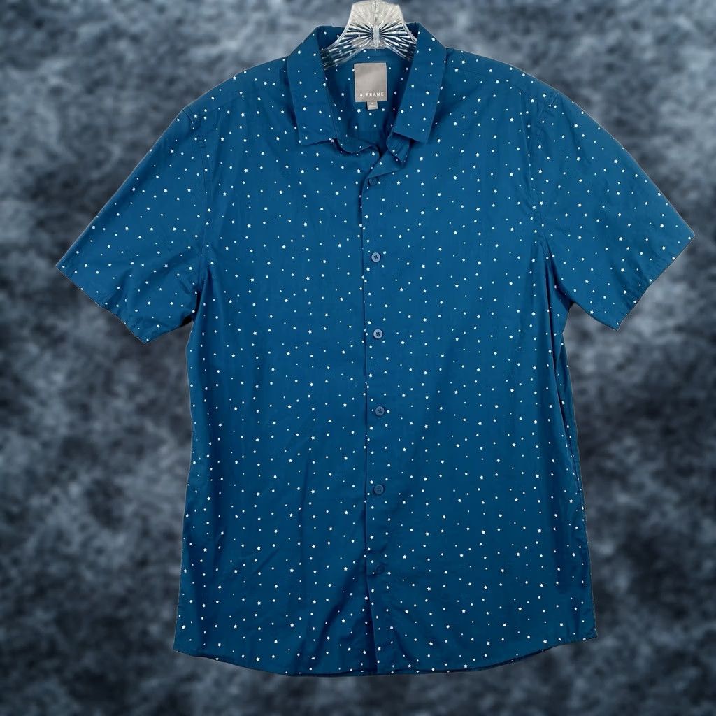 Frame A Frame Button-Up Shirt Mens M Blue Stars Print Short Sleeve Cotton Geometric Collared Casual Workwear Size US M / EU 48-50 / 2 - 1 Thumbnail