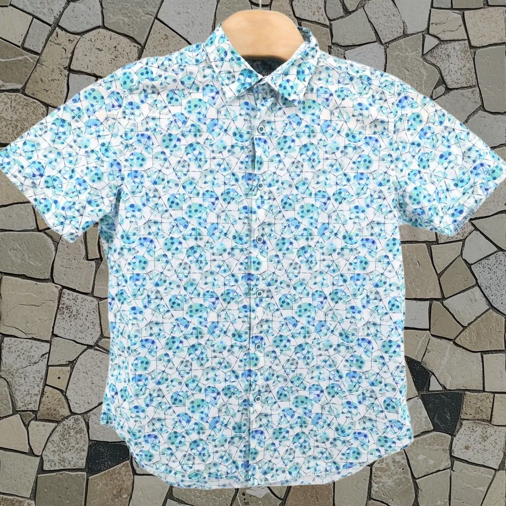 Robert Graham Clarkston Button-Up Shirt Mens Large Blue Short Sleeve Geometric Skull, Men's (Size 33)