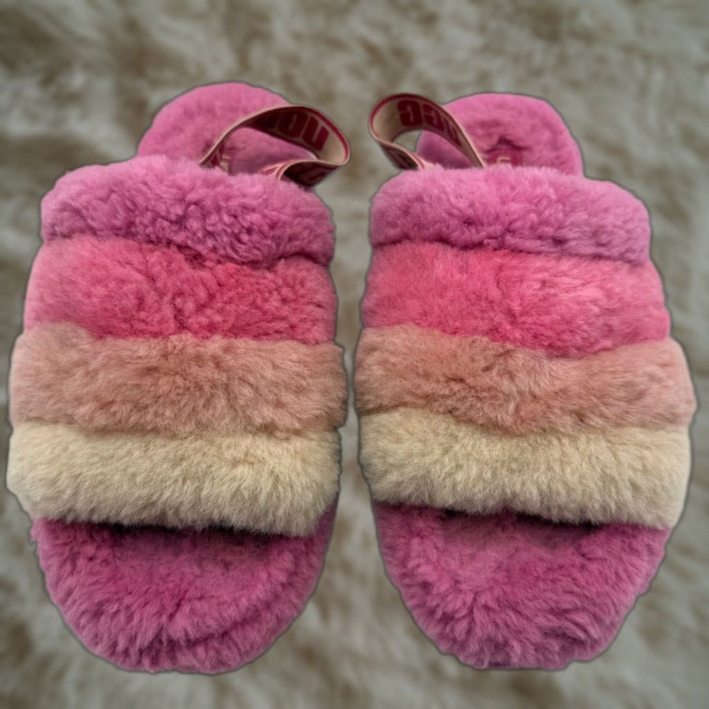 Ugg UGG Womens Fluff Yeah Slide Slipper Multicolor Pink Stripe Size 9 Pink Striped Faux Fur Upper Slipper Womens Shoes 9 Size US 9 / IT 39 - 1 Thumbnail
