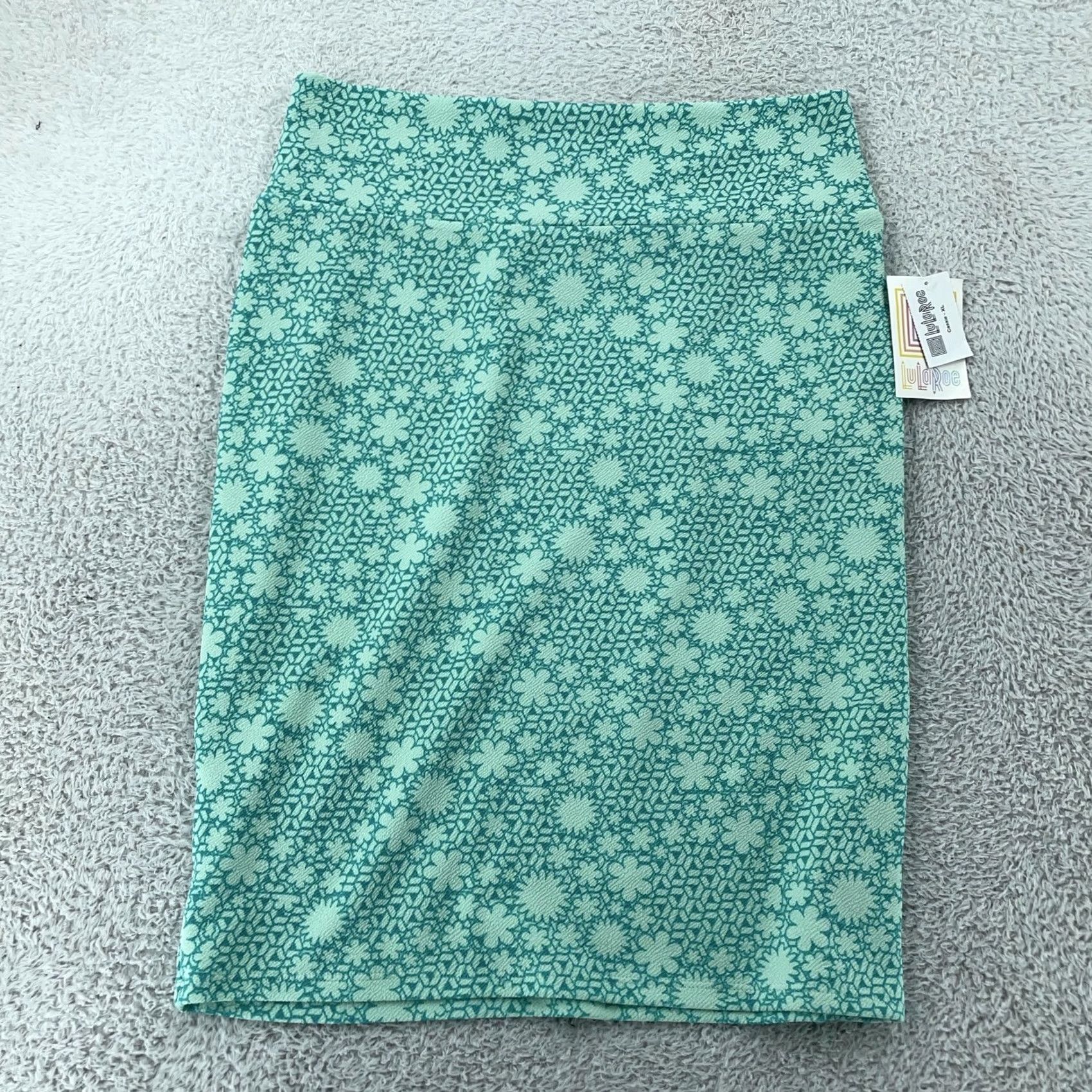 Vintage LuLaRoe Skirt Womens XL Green Teal Floral Knit Pencil Stretch elastic Waist Pull On Knee Length Vintage Cassie Size 40" / US 18 - 2 Thumbnail