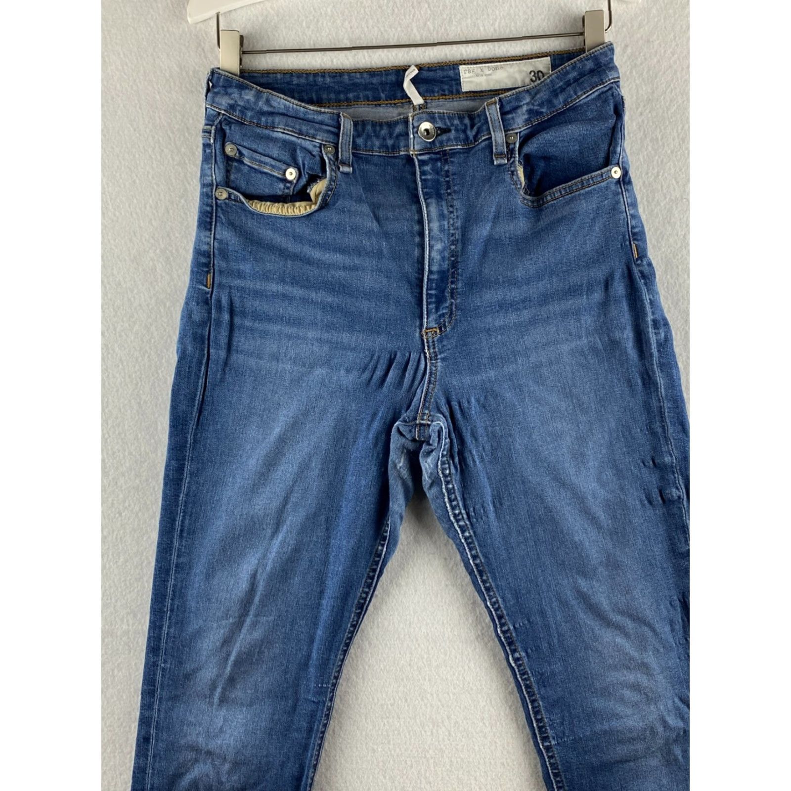 Rag & Bone rag & bone Nina Jeans Womens 30 High-Rise Skinny Stretch Denim Distressed Blue Leather Logo Embroidered Belt Loops 5-Pocket Modern Size 30" / US 8 / IT 44 - 2 Thumbnail