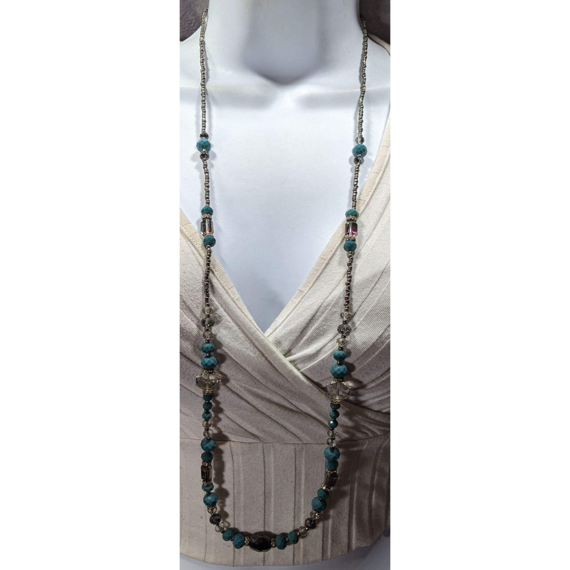 Other Elegant Teal And Silver Tone Glass Beaded Necklace With Auro Size ONE SIZE - 2 Thumbnail