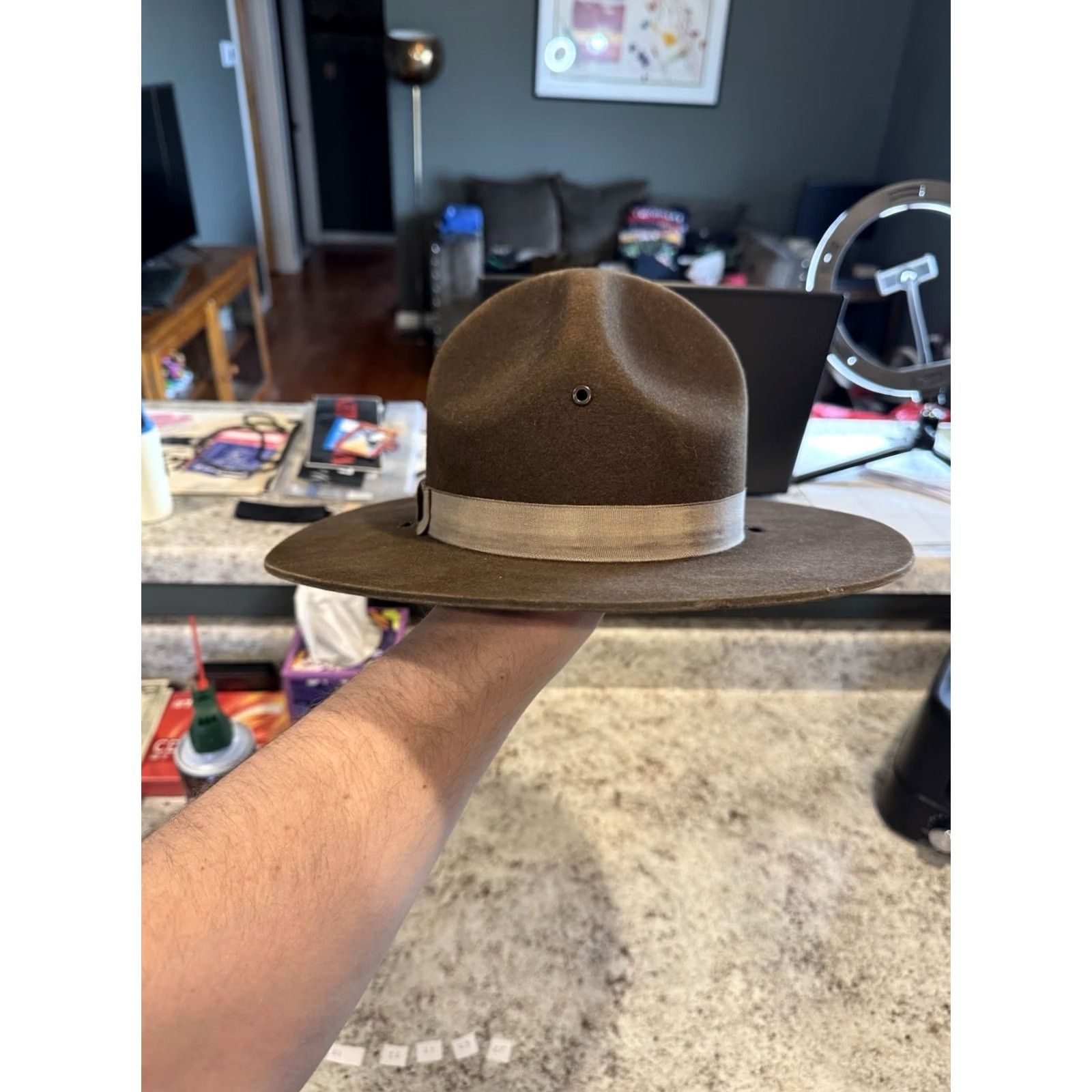 FELT VINTAGE Stratton Self Forming Drill Sergeant Instructor Wool Felt Hat 7 1/8 USA Size ONE SIZE - 5 Thumbnail