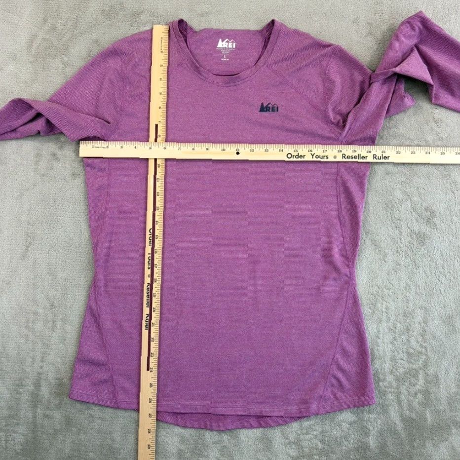 REI Co-Op Performance T Shirt Striped Purple Fuschia Women Large Long Sleeve NWOT Pullover Crew Neck Activewear Outdoor
