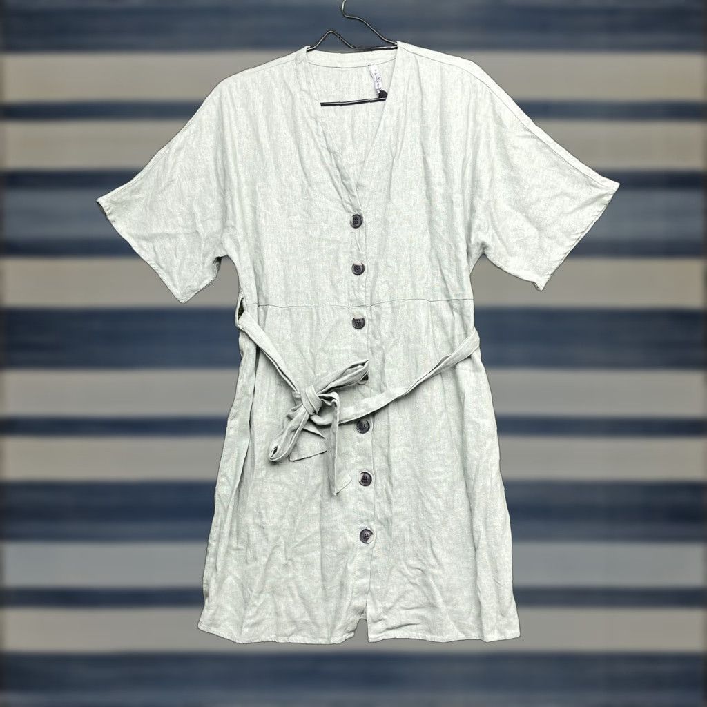 Velvet Velvet Heart Linen Dress Womens Small Green V-Neck Short Sleeve Button Tie Belt Casual A-Line Size S / US 4 / IT 40 - 1 Thumbnail