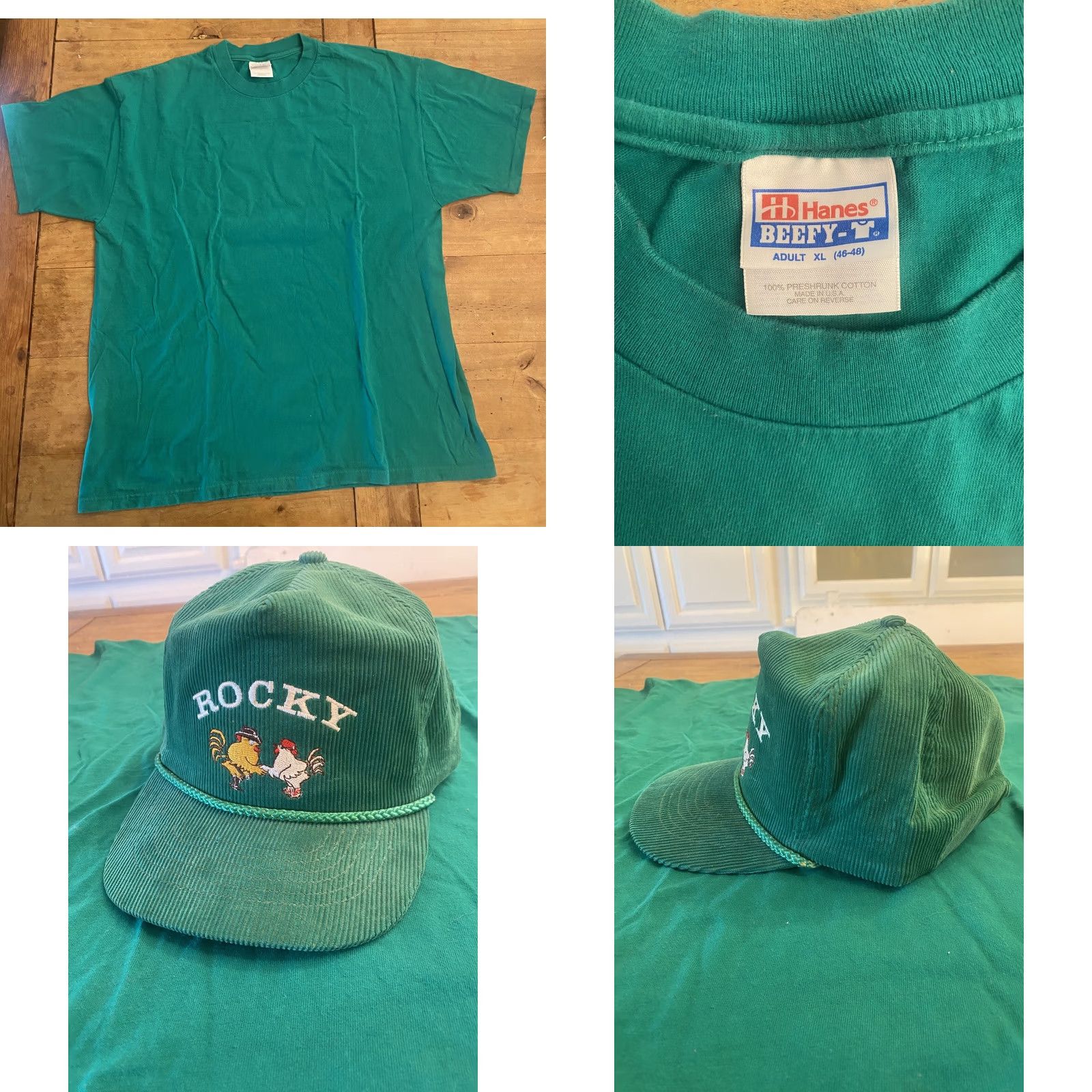Hanes VINTAGE Rocky Chickens Corduroy Hat & Single Stitch Shirt XL Green Mens Hat Shirt XL Green Hanes Corduroy Vintage 1980s 90s Size US XL / EU 56 / 4 - 8 Thumbnail