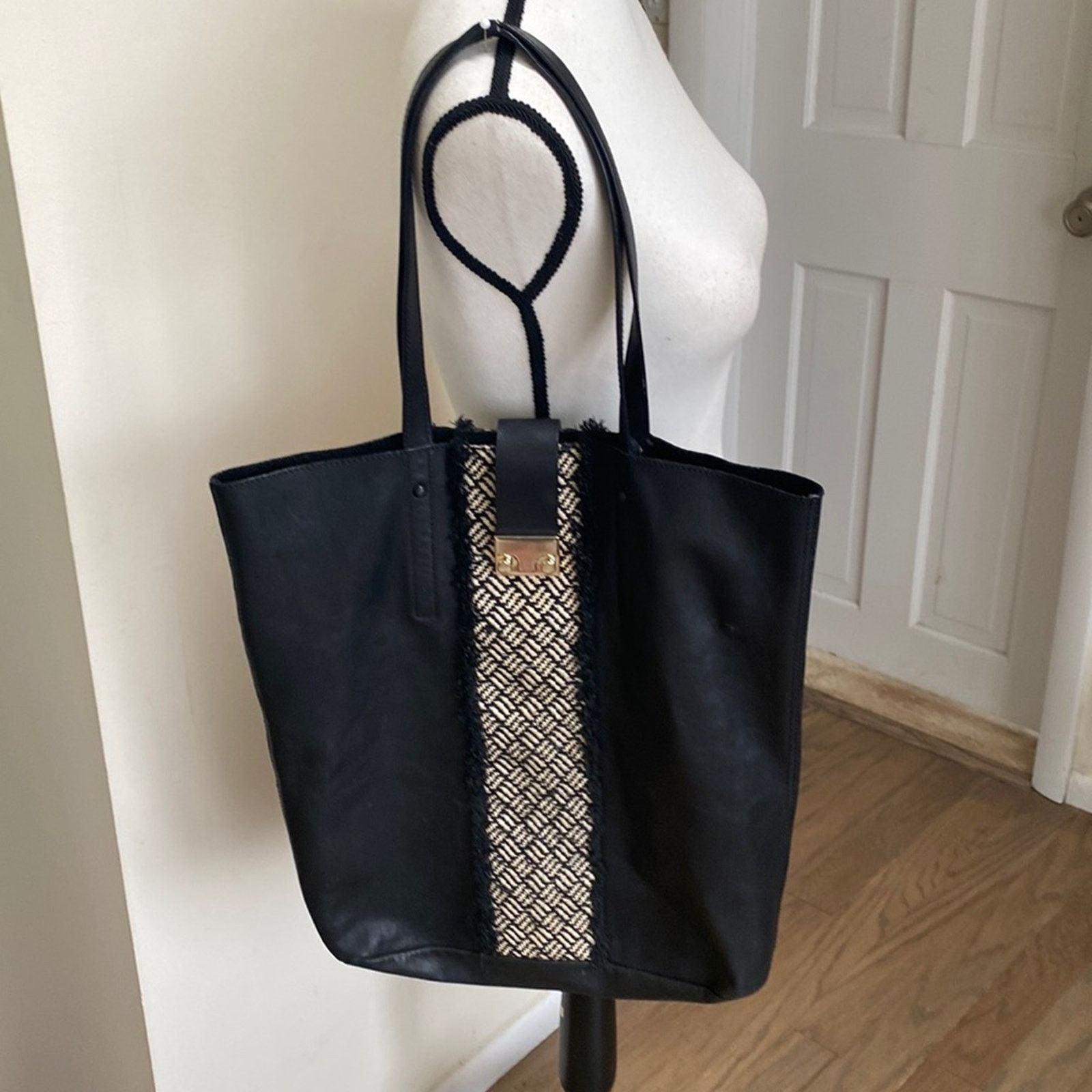 Loeffler Randall Loeffler Randall Black Tall Leather and Raffia Shopping Tote Size ONE SIZE - 1 Thumbnail