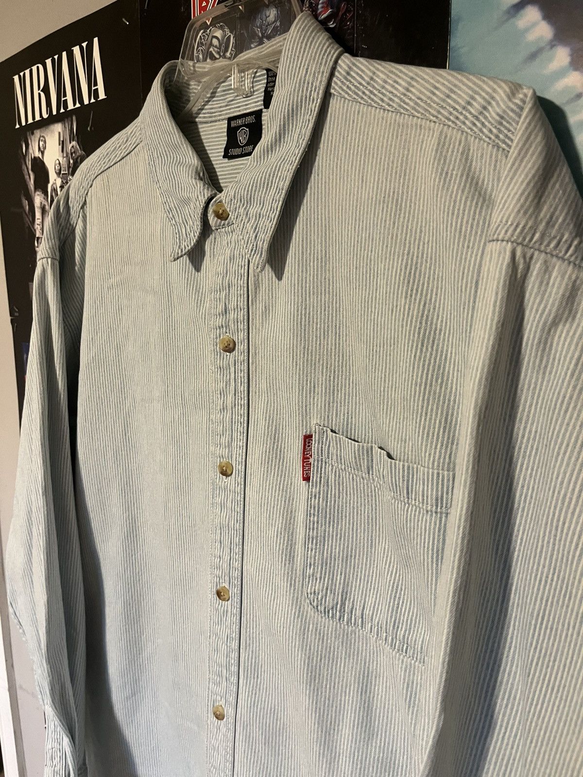 Warner Bros Y2K 2000 Warner Bros Looney Tunes Pinstriped Button Up shirt Size US L / EU 52-54 / 3 - 8 Thumbnail
