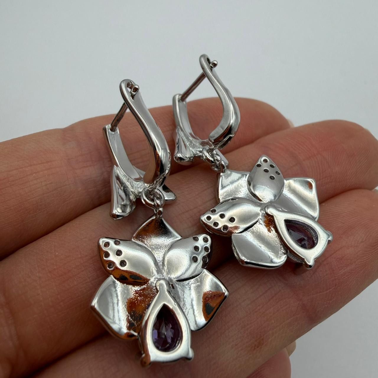 Sterling Silver 925 Sterling Silver Purple Floral Crystal Earrings Size ONE SIZE - 8 Thumbnail