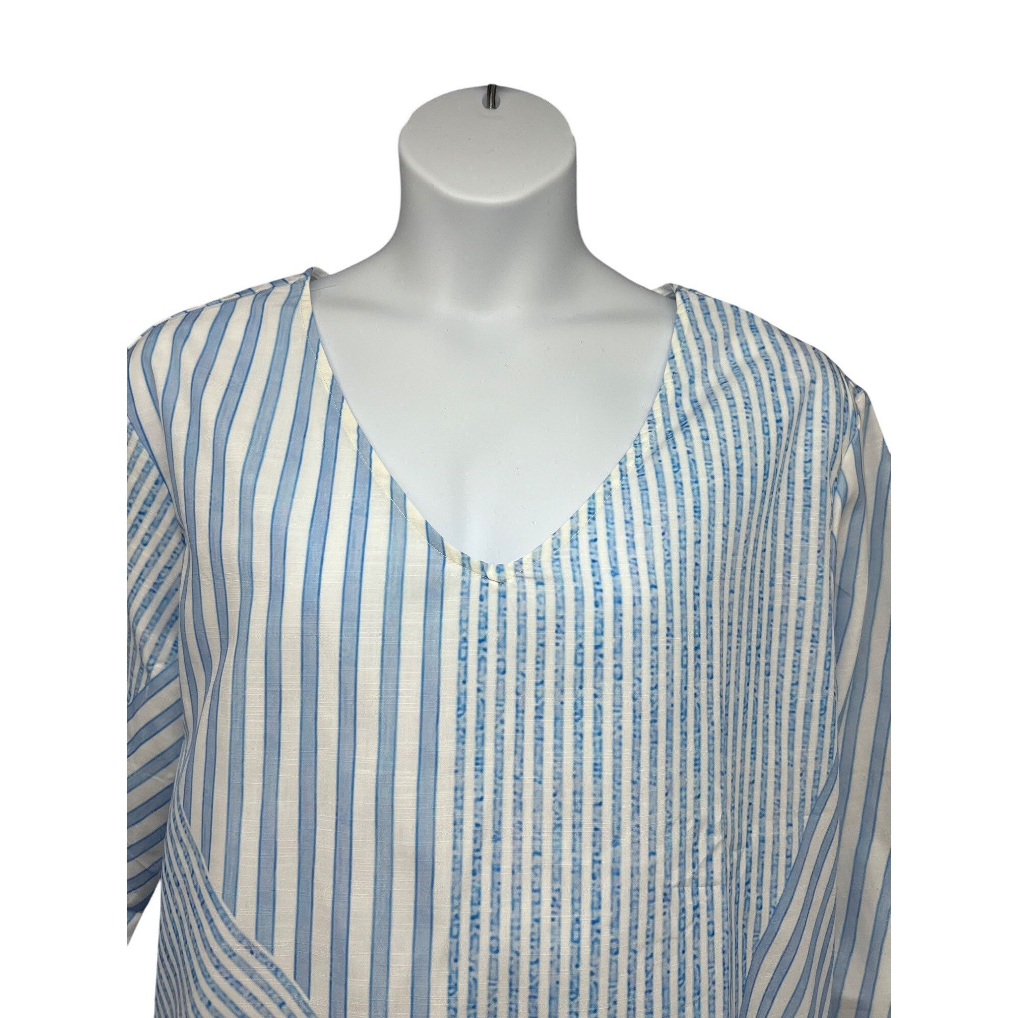 Designer Womens Blue White Striped Pullover V-Neck Boho Shirt Top XL Size XL / US 12-14 / IT 48-50 - 4 Thumbnail